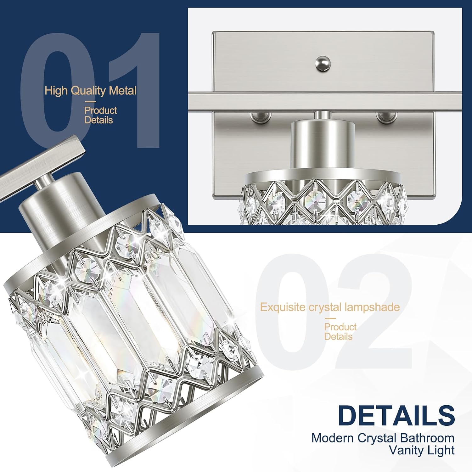 Crystal Modern Bathroom Light Fixtures, 4-Light Brushed Nickel Bathroom Vanity Wall Light, Vanity Lights for Mirror, Restroom, Bedroom (E26 Socket, Bulbs Not Included)