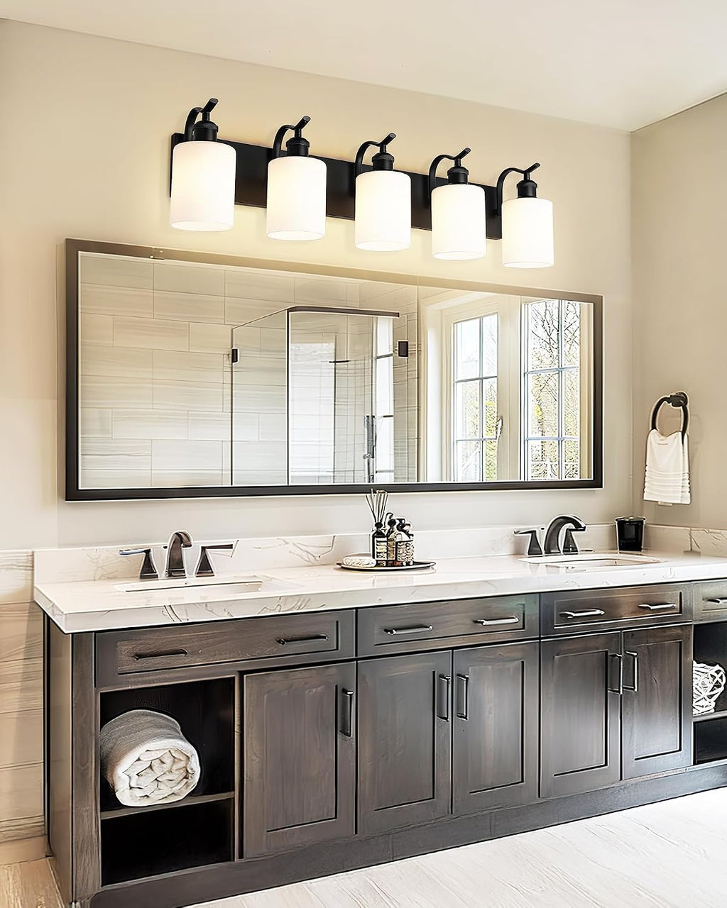 5 Light Bathroom Vanity Light, Morden Black Vanity Light Bathroom Lighting Fixtures Over Mirror Black Wall Sconces with Milky White Frosted Shade ZCVL01BKW-5