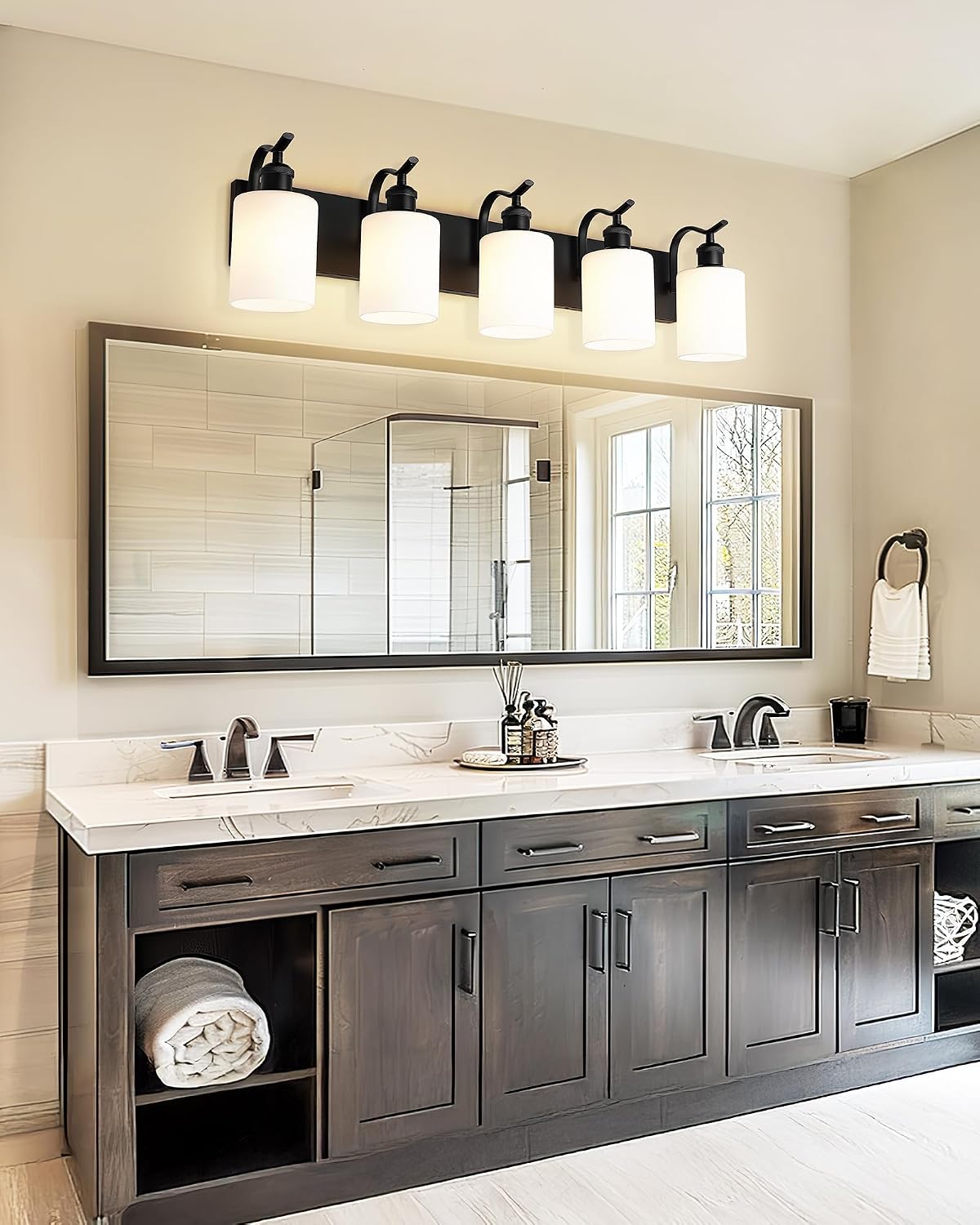 5 Light Bathroom Vanity Light, Morden Black Vanity Light Bathroom Lighting Fixtures Over Mirror Black Wall Sconces with Milky White Frosted Shade ZCVL01BKW-5