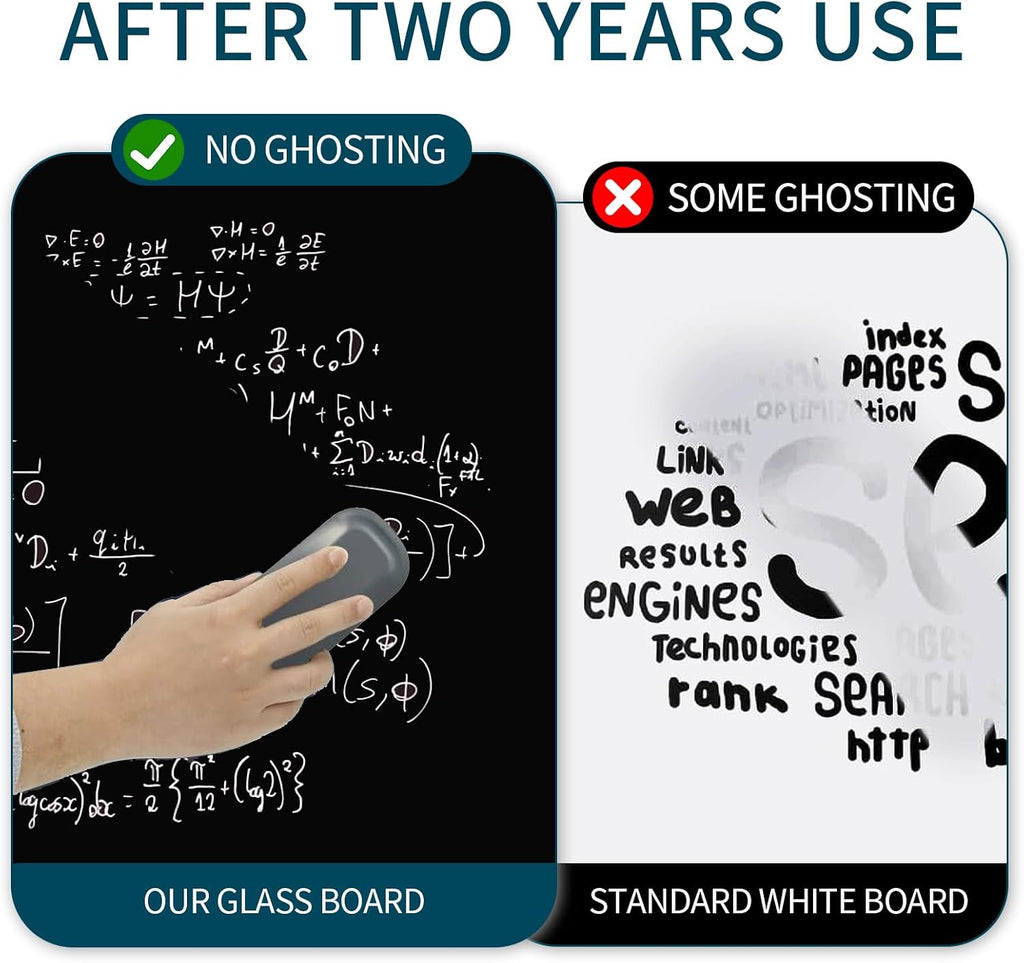 Magnetic Glass Whiteboard, Black Glass Dry Erase Board 4' x 3', Tempered Glass White Board Frameless, Home School Supplies or Home Office Decor with Magnets, Markers, Eraser, Marker Tray