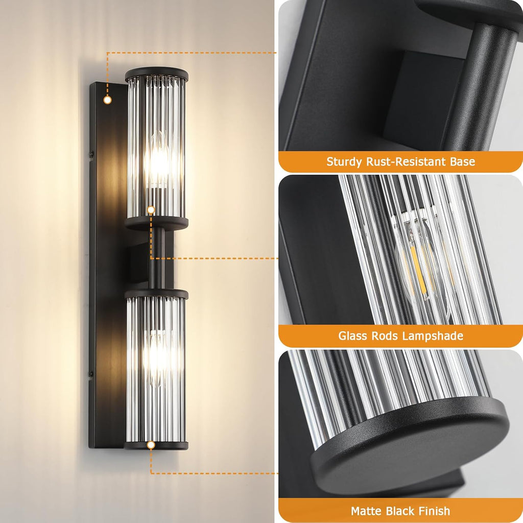 Modern Vanity Light Set of 2 - Matte Black Industrial Wall Sconces with Glass Rod Shades, Bathroom Mirror Lighting for Bedroom, Hallway, Dressing Room