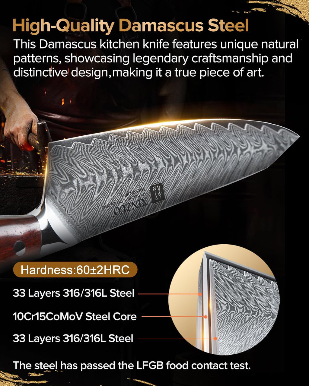 XINZUO 5 Pcs Knife Set, Professional Super Damscus Steel Kitchen Knife Set, Ultra Sharp Blade, Natural Rose Handle, Chef Gift Box-Yi Series