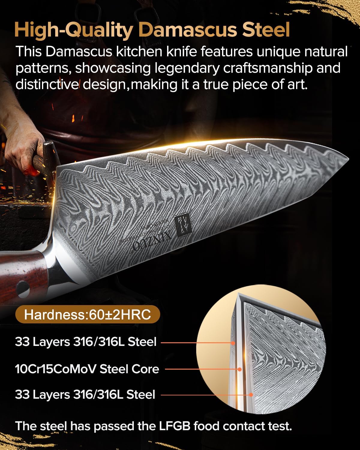 XINZUO 5 Pcs Knife Set, Professional Super Damscus Steel Kitchen Knife Set, Ultra Sharp Blade, Natural Rose Handle, Chef Gift Box-Yi Series