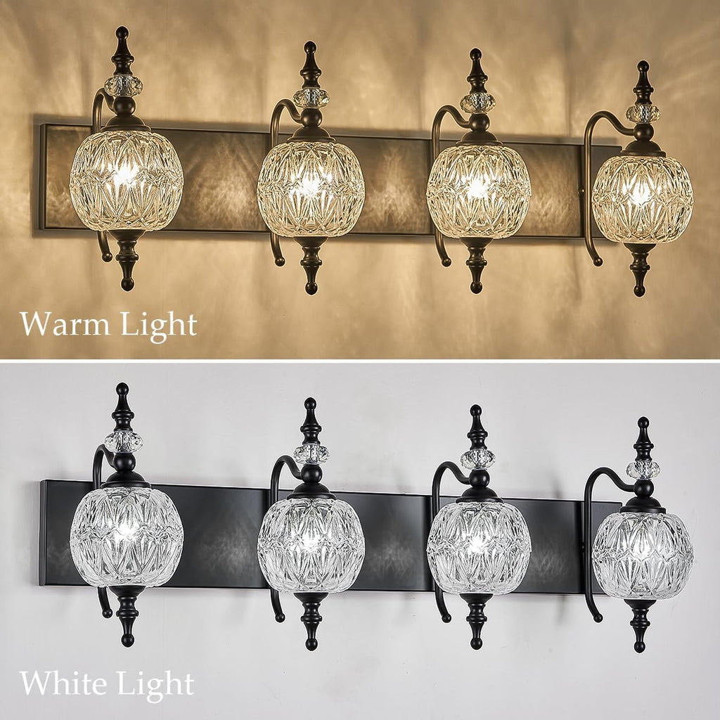 Black 4 Lights Bathroom Vanity Light Fixtures, Modern Bathroom Vanity Lights Painted Black Surface with Thick Crystal Glass Shade, Wall Sconces for Bathroom Bedroom