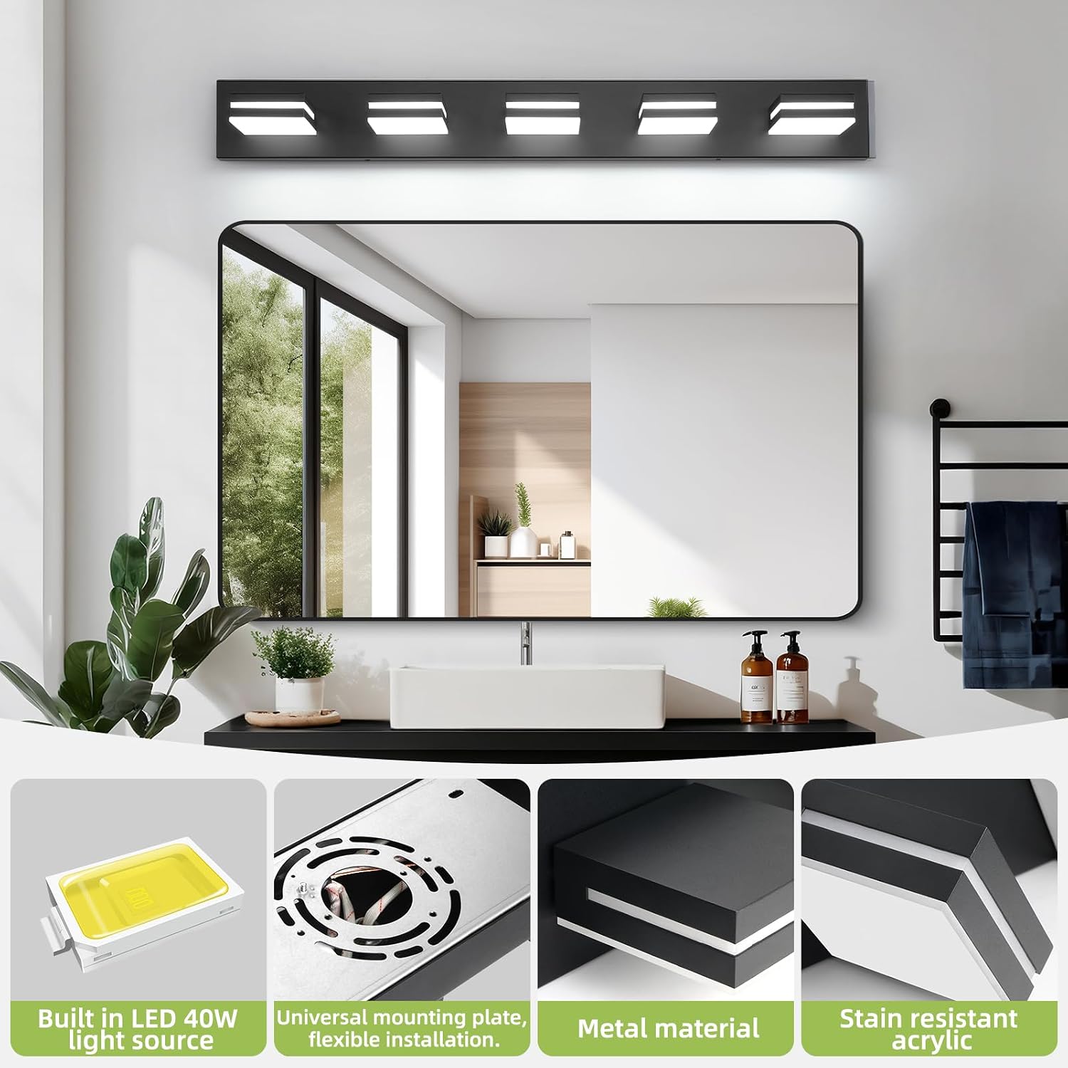 OKELI 5 Light Bathroom Vanity Light Matte Black Modern 36W LED Dimmable Vanity Light Over Mirror 350° Adjustable Lamp Head Cold White 6000K ETL Listed 36.2Inch