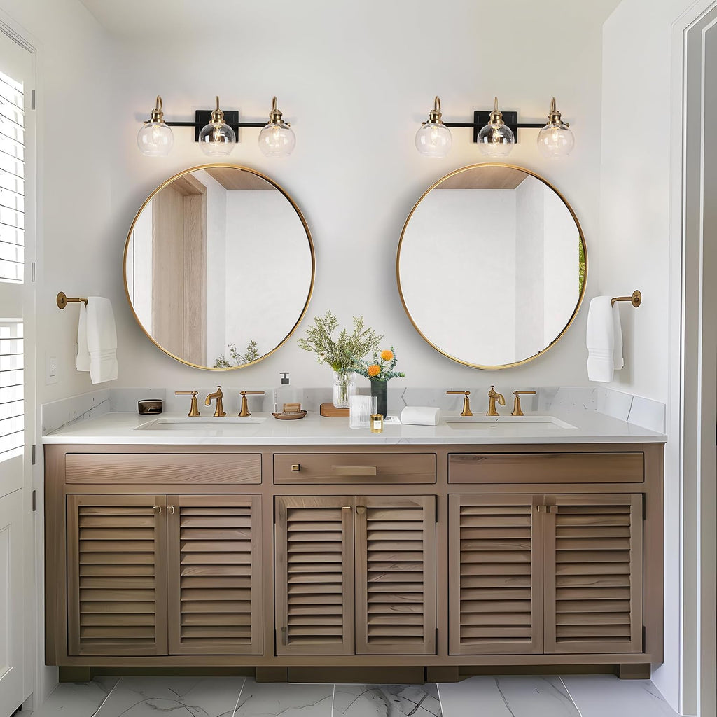 KSANA Black Gold Vanity Light, Modern 3-Light Bathroom Light Fixture with Clear Glass Globes, Electroplating Brass 22'L Vanity Lighting Over Mirror