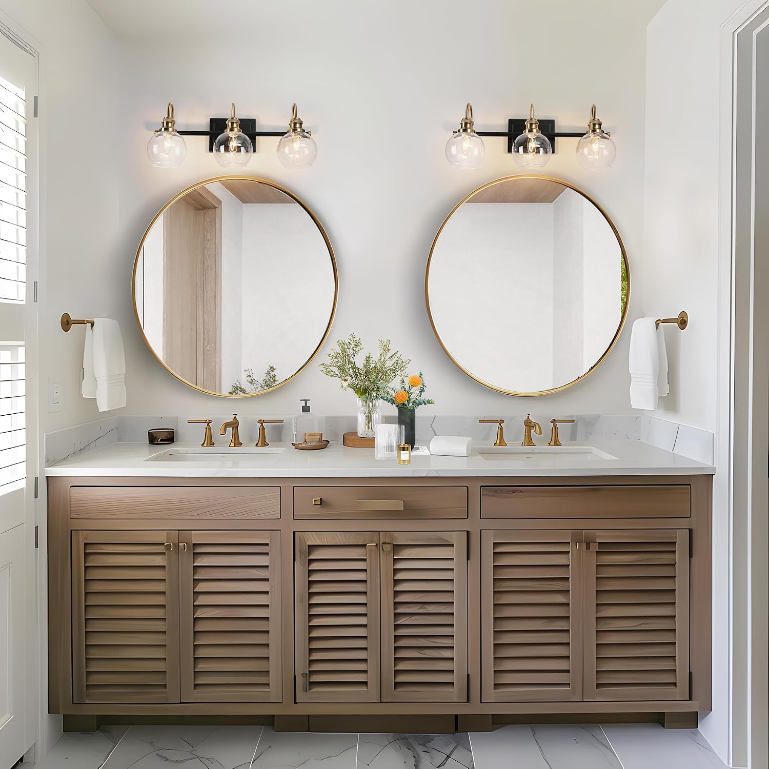 KSANA Black Gold Vanity Light, Modern 3-Light Bathroom Light Fixture with Clear Glass Globes, Electroplating Brass 22'L Vanity Lighting Over Mirror