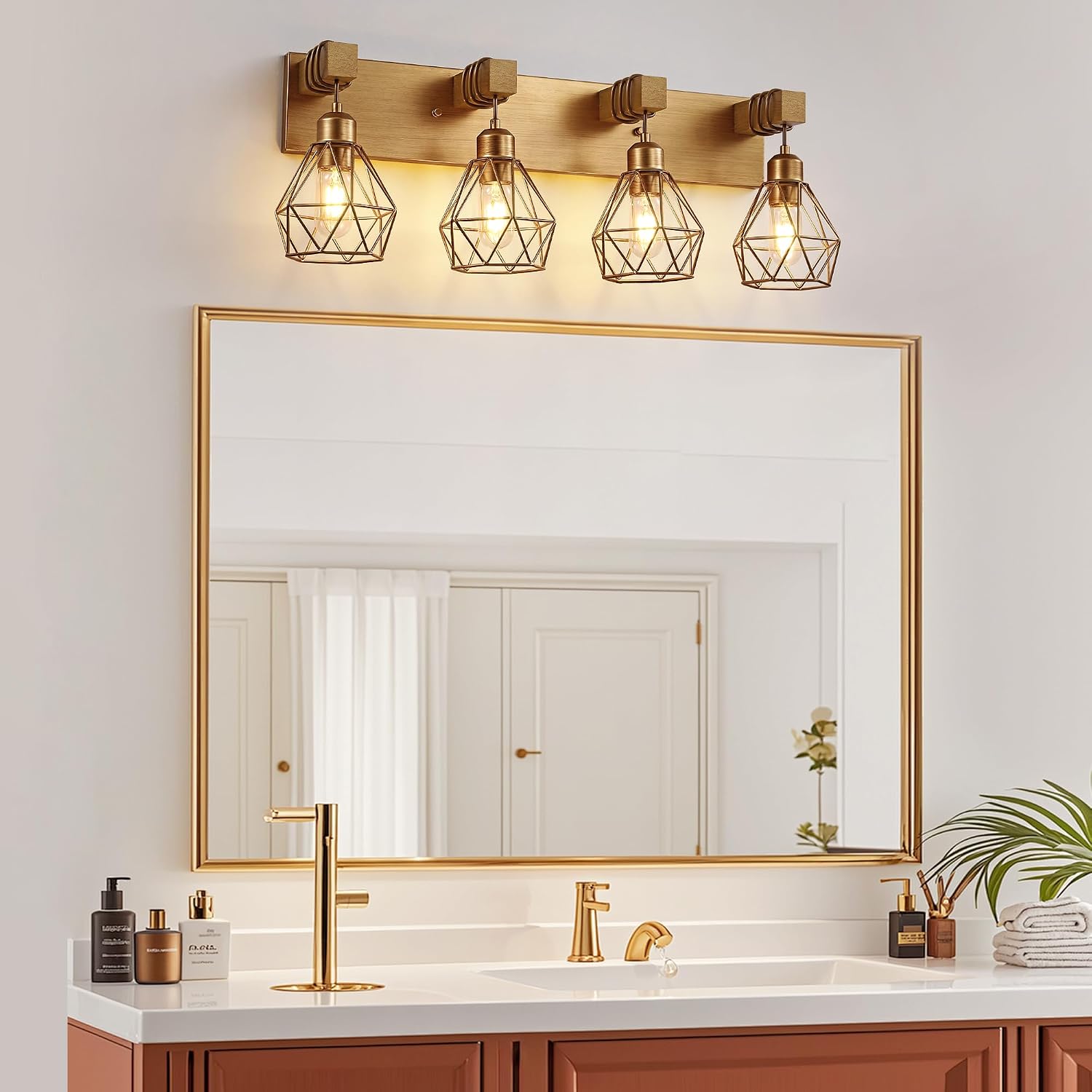 maesta Bathroom Gold Vanity Light Fixtures, 4-Light Gold Bathroom Light Fixtures Over Mirror, Sconces Wall Lighting with Elegant Metal Lampshade for Living Room, Bedroom, Hallway