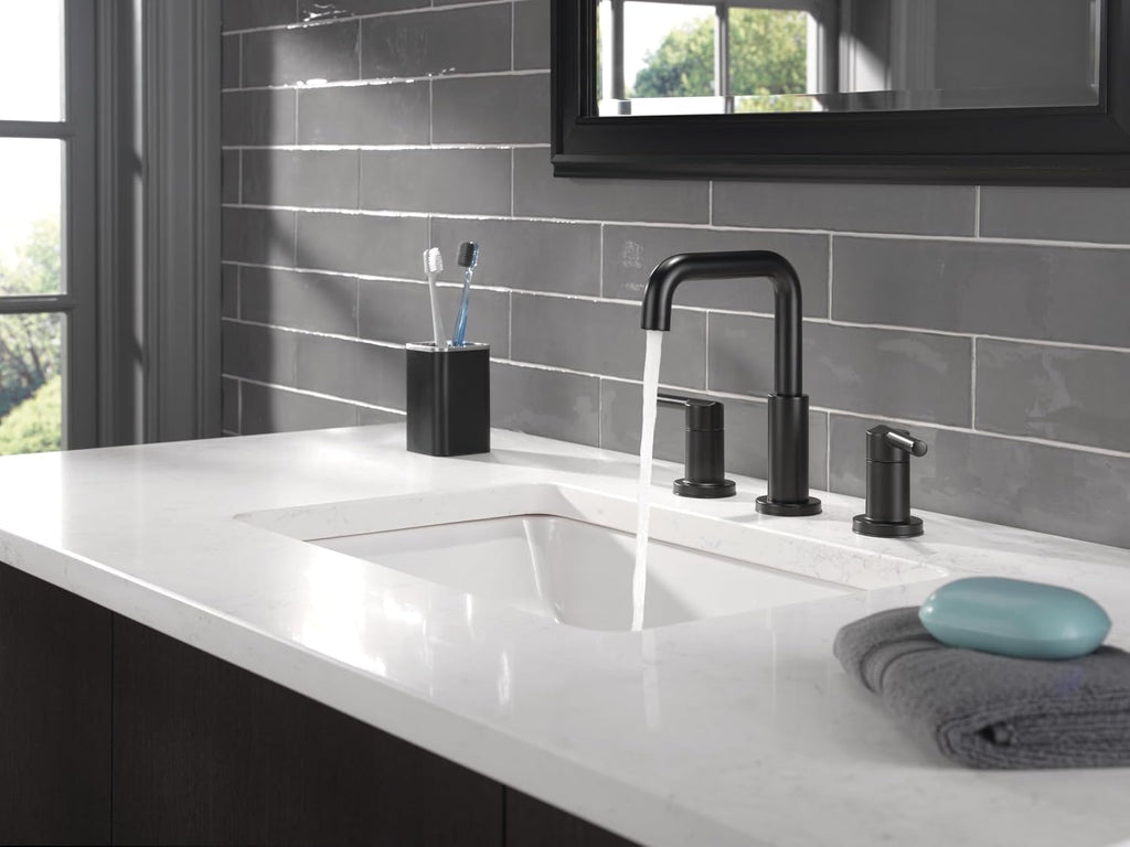 Delta Nicoli Matte Black Bathroom Faucet 3 Hole, 8 Inch Widespread Bathroom Sink Faucet for Vanity, Push-Pop Drain Assembly, Matte Black 35849LF-BL