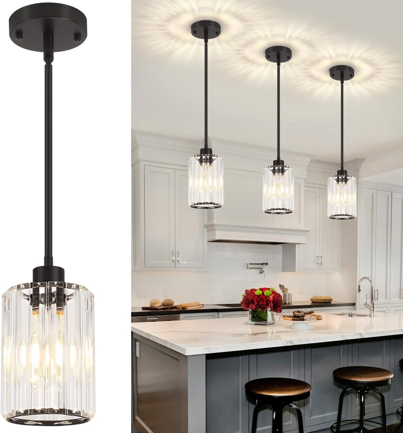 3 Pack Black Pendant Lights Kitchen Island, Modern Crystal Pendant Lighting Over Island, Hanging Kitchen Light Fixtures, Adjustable Mini Pendant Light for Bathroom Dining Room Hallway