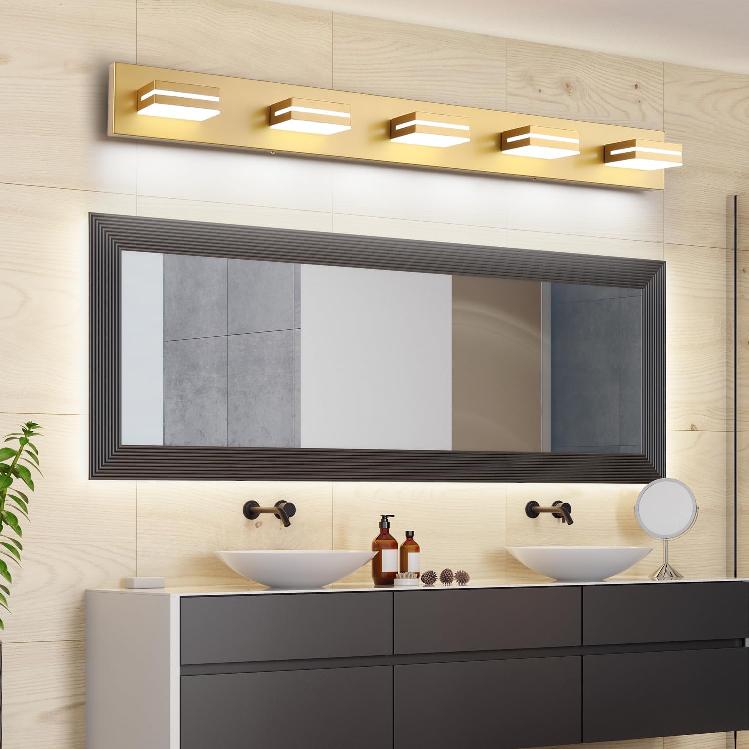 SineRise LED Modern Bathroom Vanity Light Fixtures (6-Light, 48-Inch, Dimmable), Matte Gold Modern Acrylic Bathroom Wall Lighting Fixtures Over Mirror (Cool White 6000K)