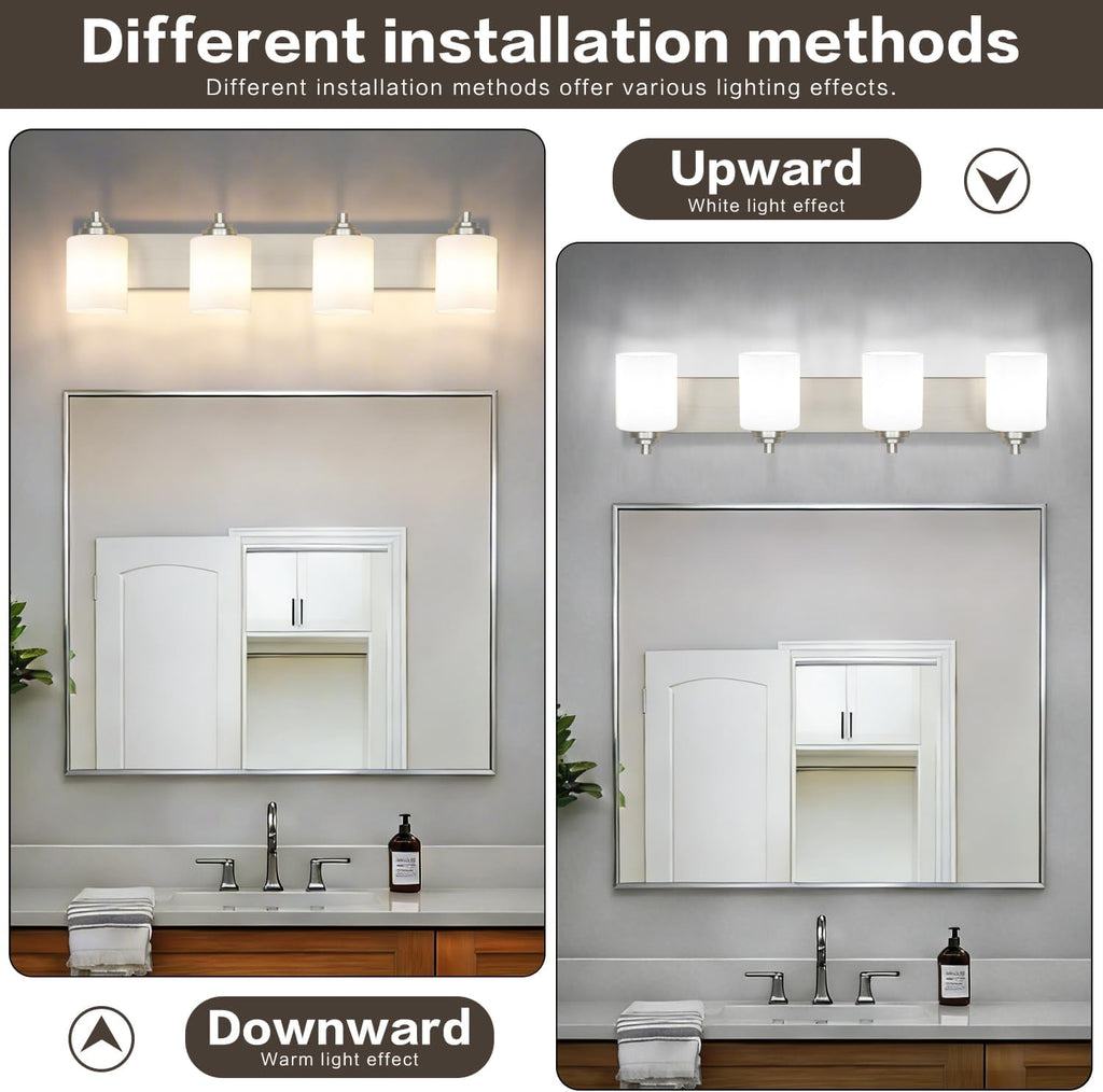 SOLFART Brushed Nickel Bathroom Vanity Light Vintage 4 Light Wall Light with Milky White Globes, 4 Lights Modern Over Mirror Lighting Fixture for Bathroom