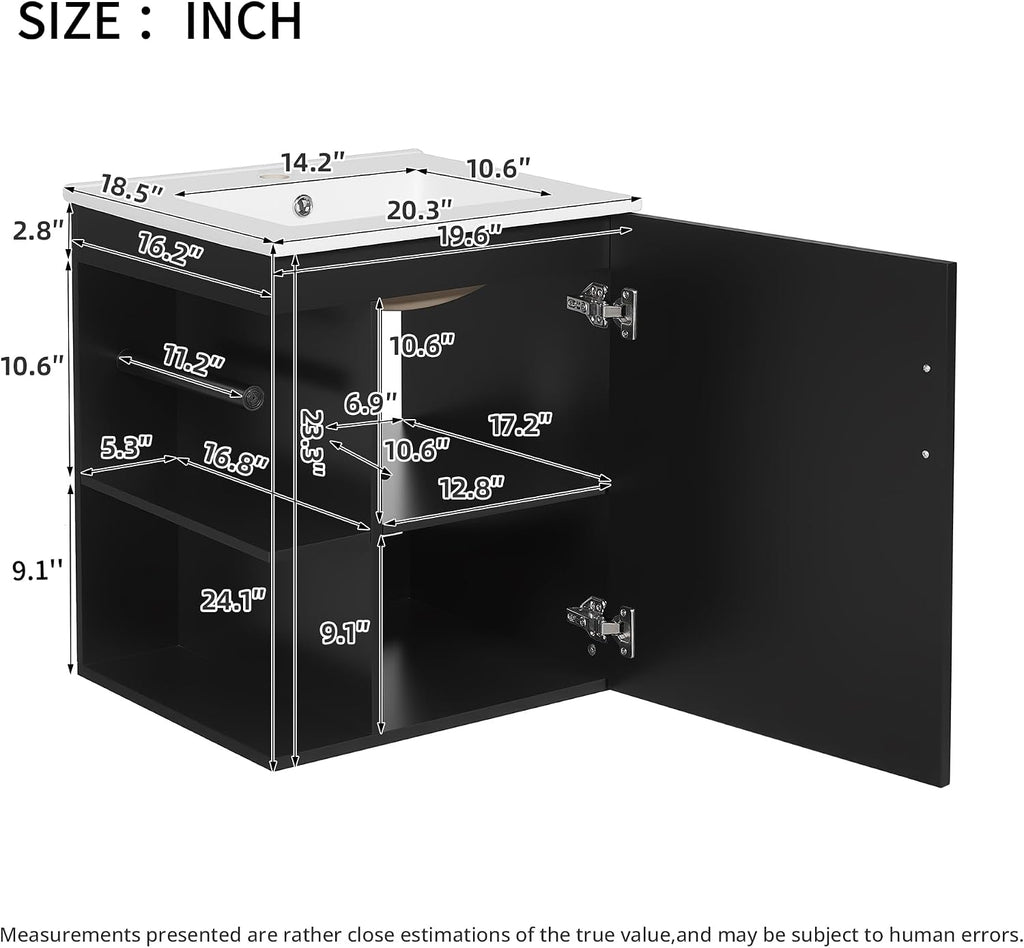 20 Inch Wall Mounted Bathroom Vanity with Sink Top,Small Floating Bathroom Vanity with Side Shelves & Toilet Paper Holder,Compact Storage with Soft Closing Door,Herringbone Front,Black