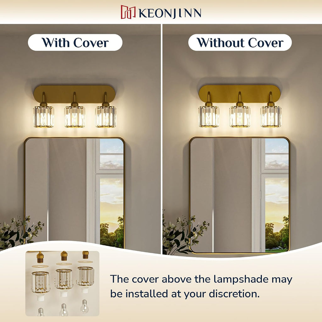 Keonjinn 4-Light Bathroom Light Fixtures, Crystal Gold Bathroom Vanity Lights Over Mirror, Vanity Lighting Fixtures with Crystal Square Shades (E26 Socket, Exclude Bulb)