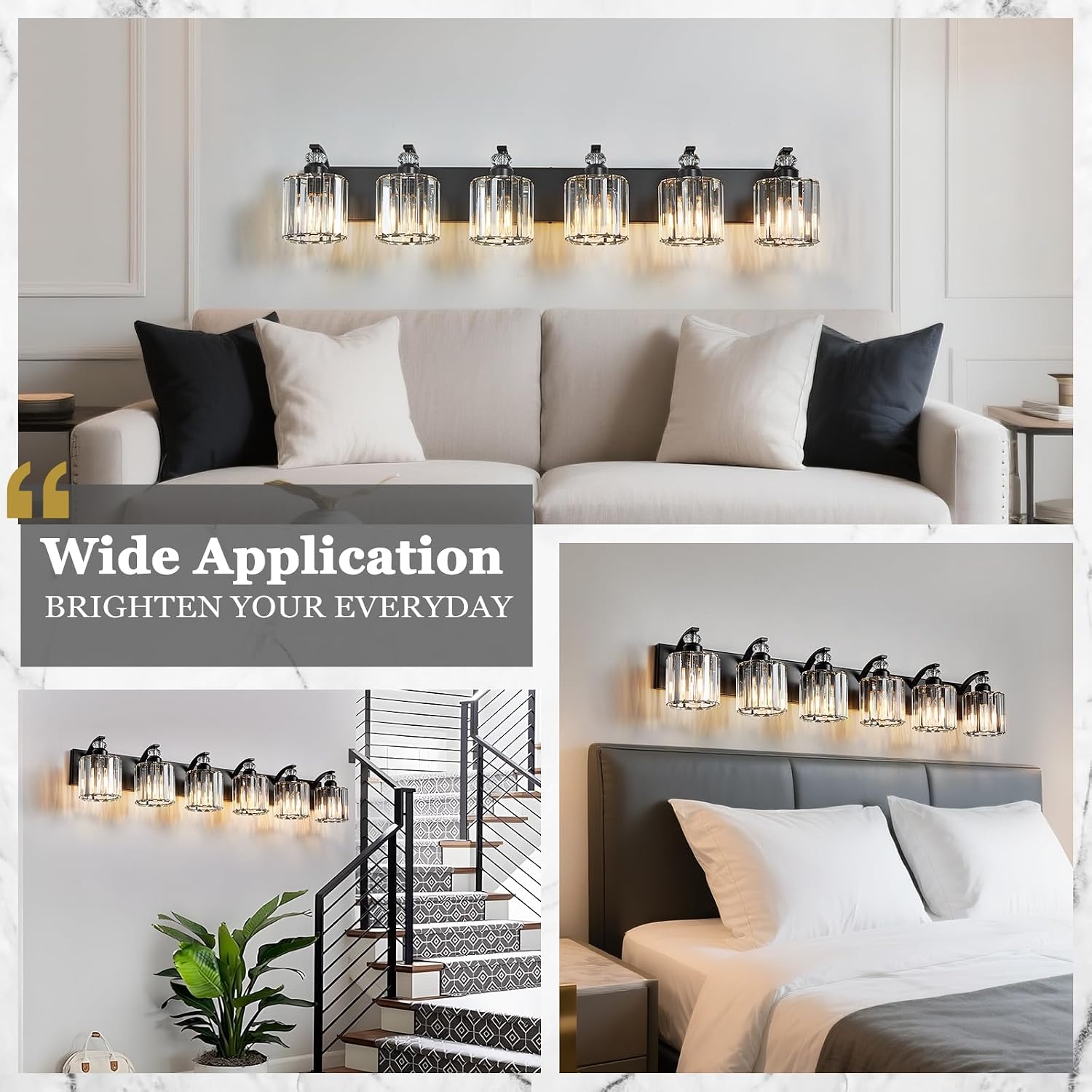 6-Light Black Bathroom Light Fixture Modern Vanity Lights Over Mirror Vintage Wall Sconce Lighting for Bathroom, Bedroom, Living Room, Hallway E26 Base with Crystal Bathroom Vanity Light