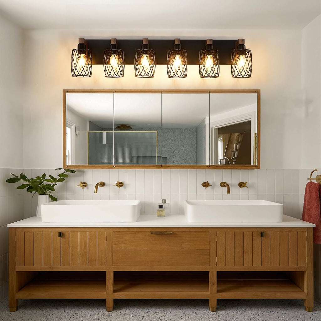 6-Light Farmhouse Vanity Light Fixtures Over Mirror, Black with Cage Metal Shade, Vintage Rustic for Bathroom, Hallway