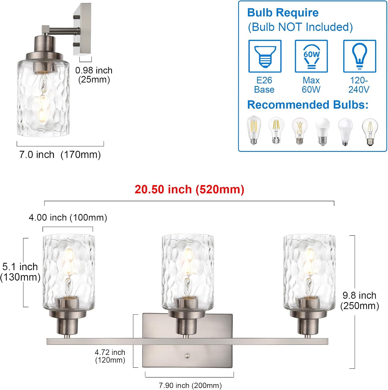 MELUCEE 3-Light Bathroom Lights Modern Vanity Lights Brushed Nickel Finish with Hammered Glass Shade, Industrial Wall Light Fixture for Bedroom Living Room Kitchen (Patent No.: US D963914 S)