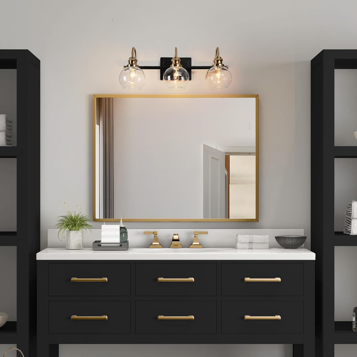 KSANA Black Gold Vanity Light, Modern 3-Light Bathroom Light Fixture with Clear Glass Globes, Electroplating Brass 22'L Vanity Lighting Over Mirror