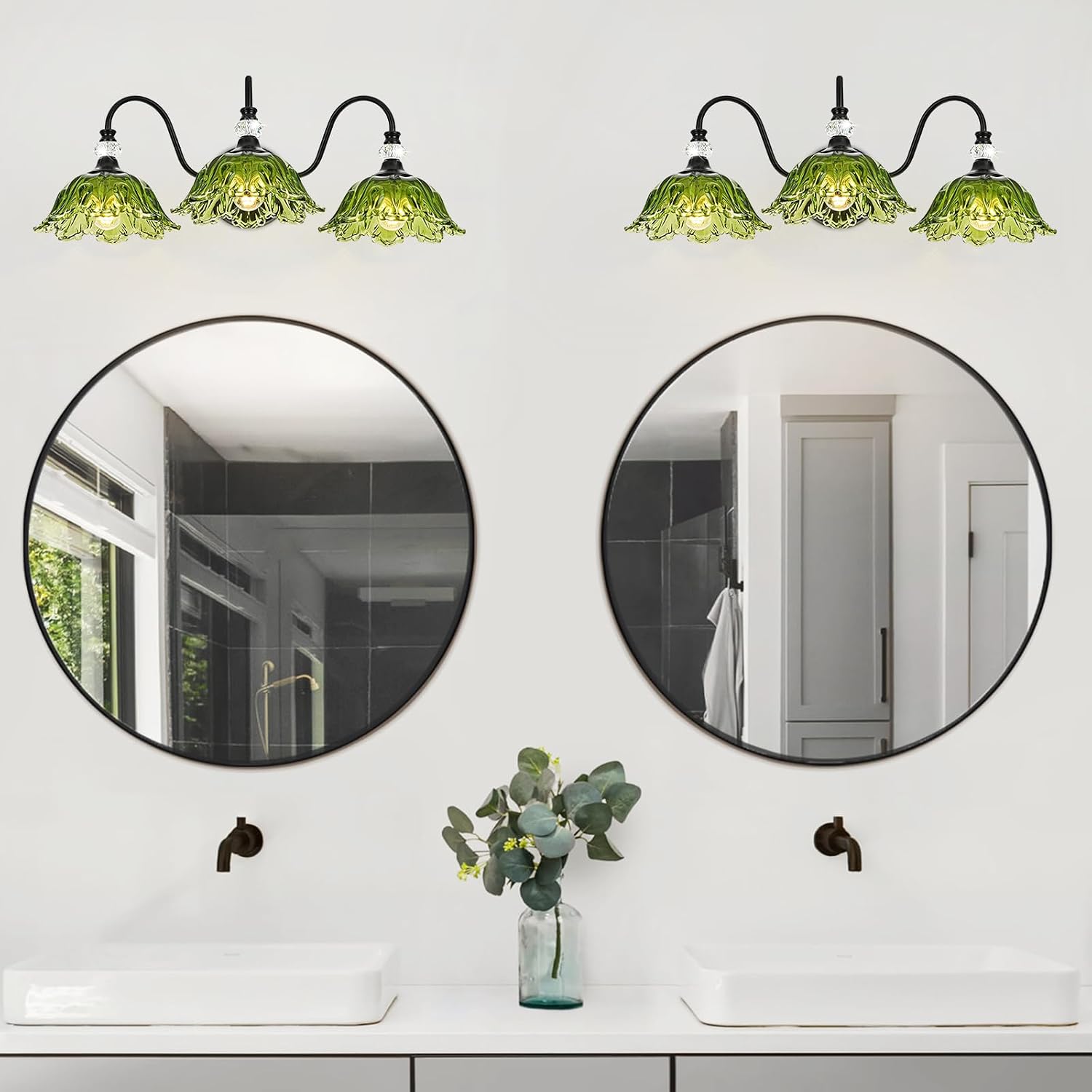 Black Bathroom Vanity Light,3-Light Vanity Light with Floral Green Glass Shades,Vintage Farmhouse Wall Mount Lighting for Bathroom, Dressing Table