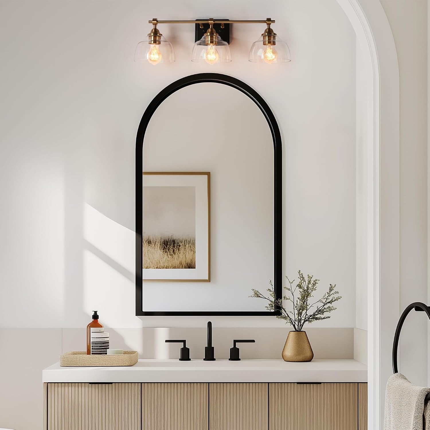 Bathroom Light Fixtures, 3-Light Black and Gold Vanity Lights with Large Clear Dome Glass Shade, 24.5'' Modern Black Brass Bathroom Lighting Over Mirror