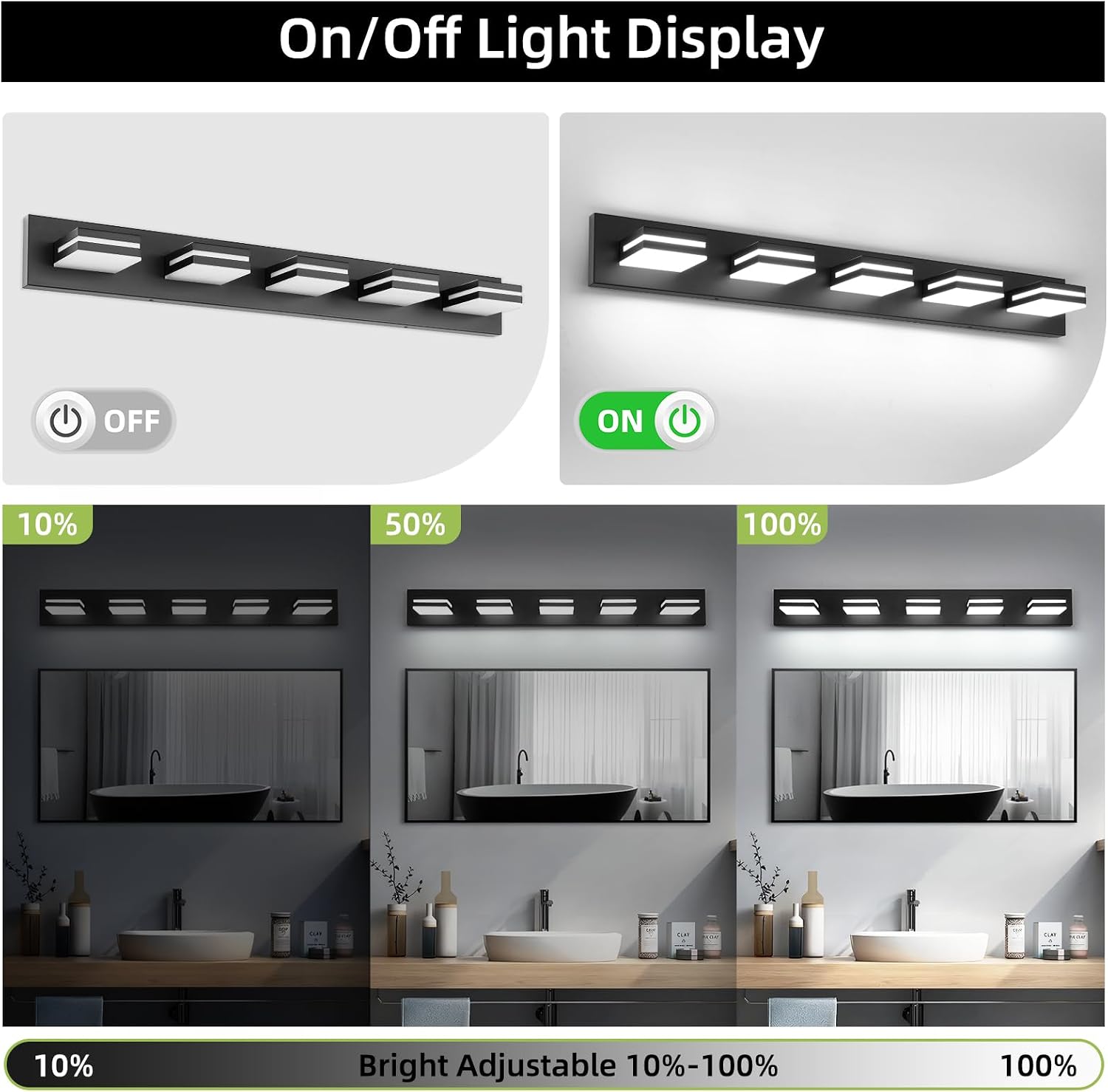 OKELI 5 Light Bathroom Vanity Light Matte Black Modern 36W LED Dimmable Vanity Light Over Mirror 350° Adjustable Lamp Head Cold White 6000K ETL Listed 36.2Inch