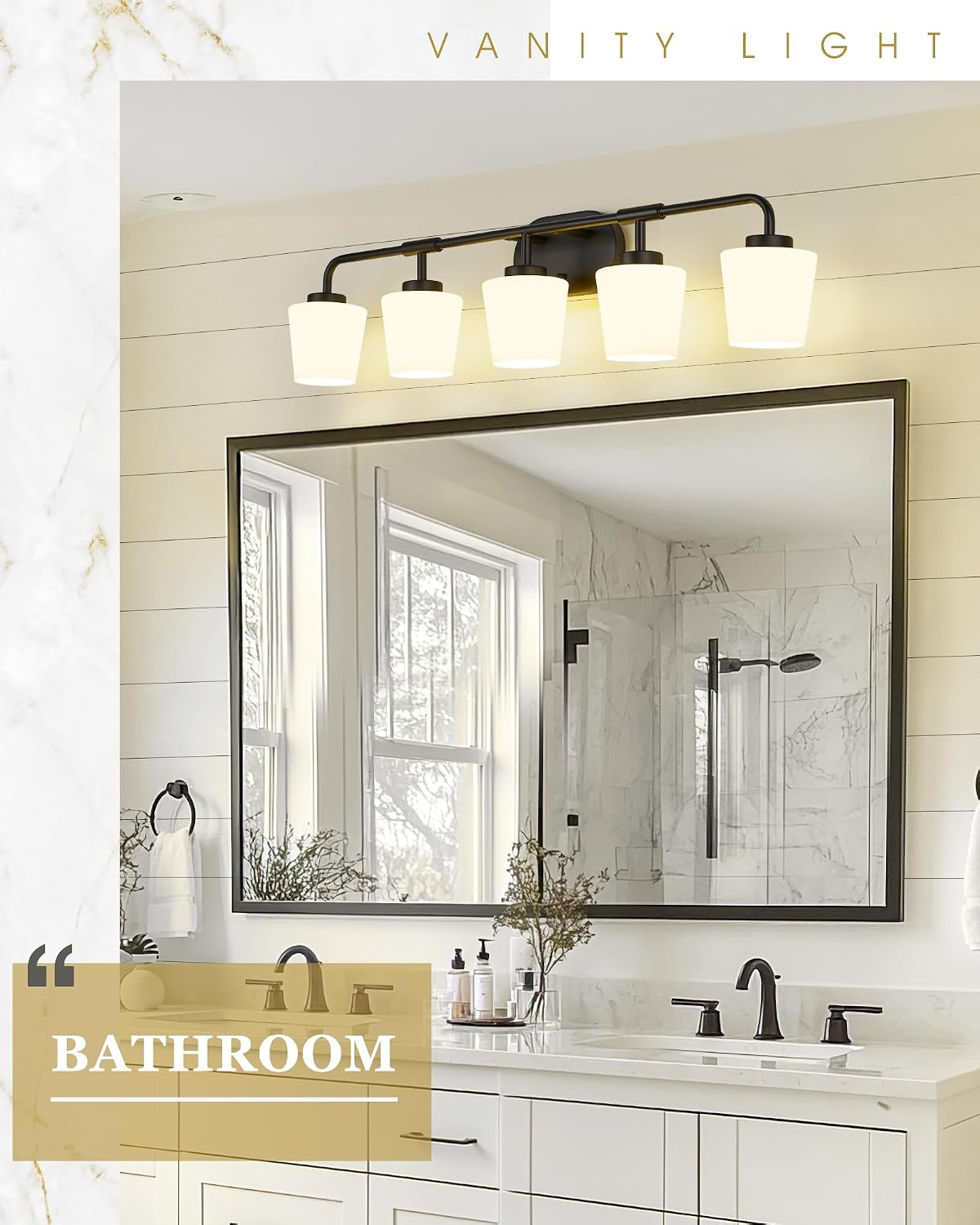 5-Light Matte Black Bathroom Light Fixtures, 38inch Vanity Light | Over Mirror, Milk White Glass, Farmhouse Wall Sconces Lighting, AD-22004-5W-BK