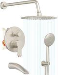 Gabrylly Bathtub Shower System, Shower Faucet Set with Tub Spout, High Pressure 10' Rain Shower head with Handheld Spray, Shower Fixtures with Pressure Balance Shower Valve, Brushed Nickel