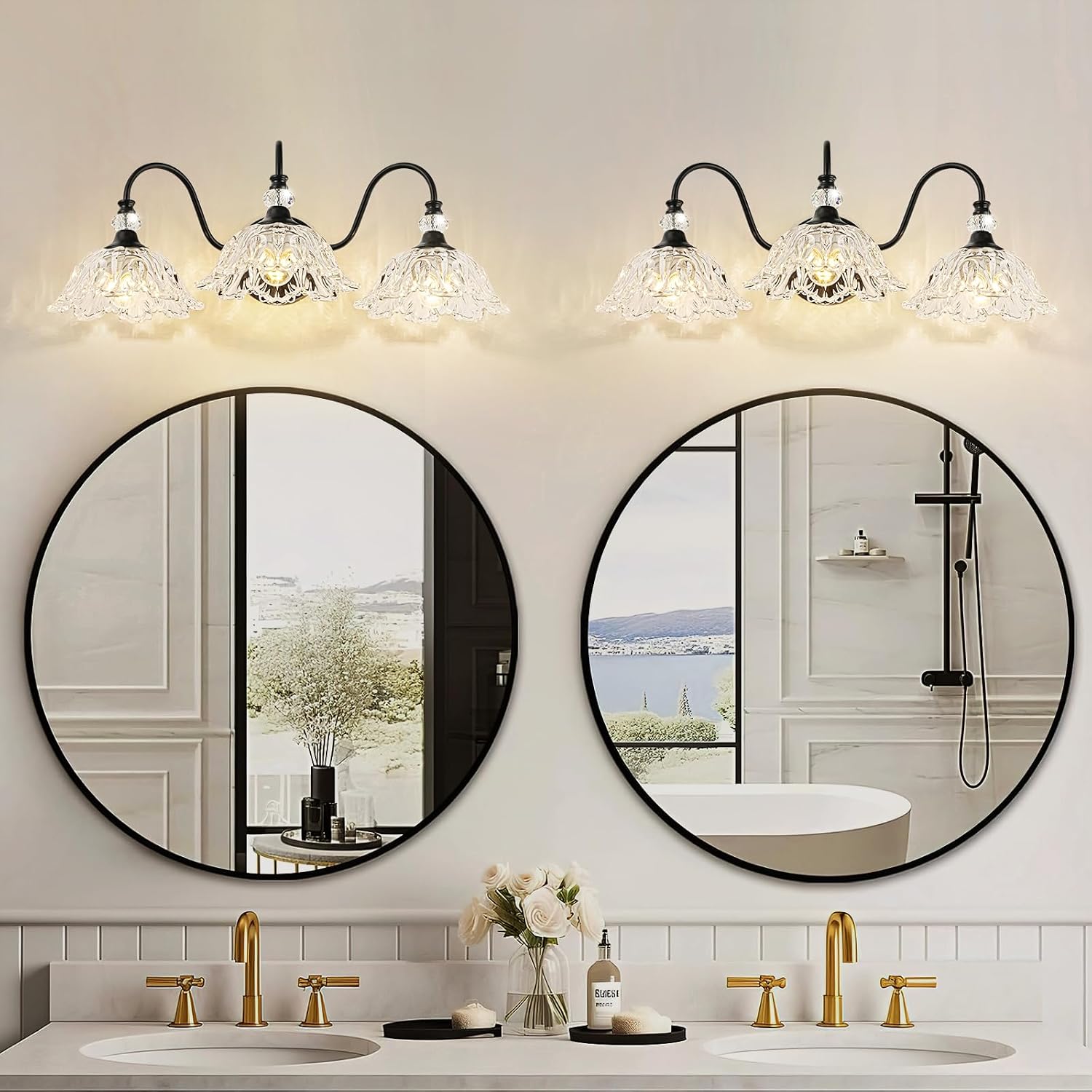 Black Bathroom Vanity Light,3-Light Vanity Light with Crystal Glass Shades,Vintage Farmhouse Vanity Lighting for Bathroom and Dressing Table