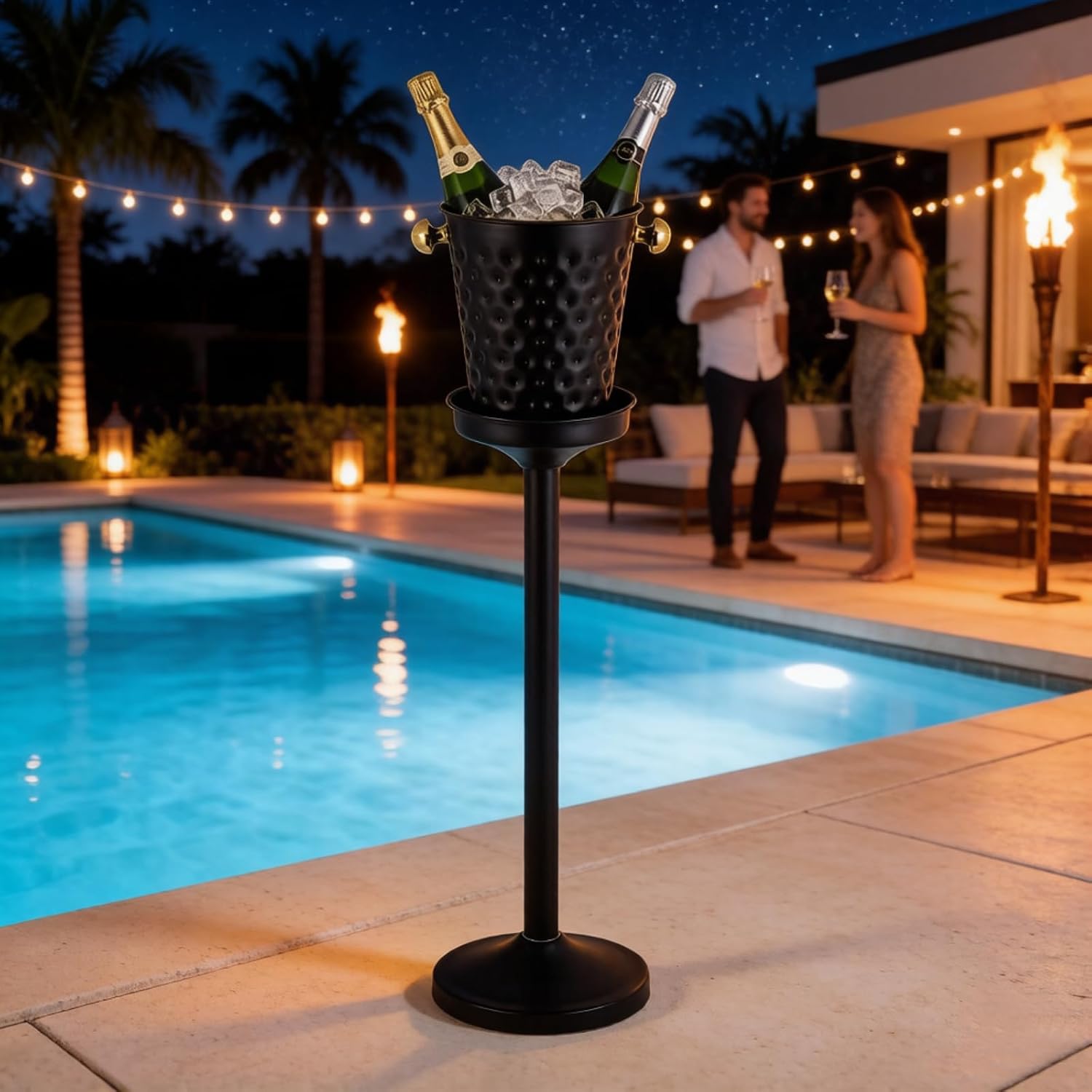 2 Pack Stainless Steel Champagne Ice Bucket with Stand, 92cm/32in Height Black Gold Wine Chiller, 15LB Heavy Duty Ice Bucket Set with Handle for Bar, KTV, Club, Party, Wedding & Commercial Use