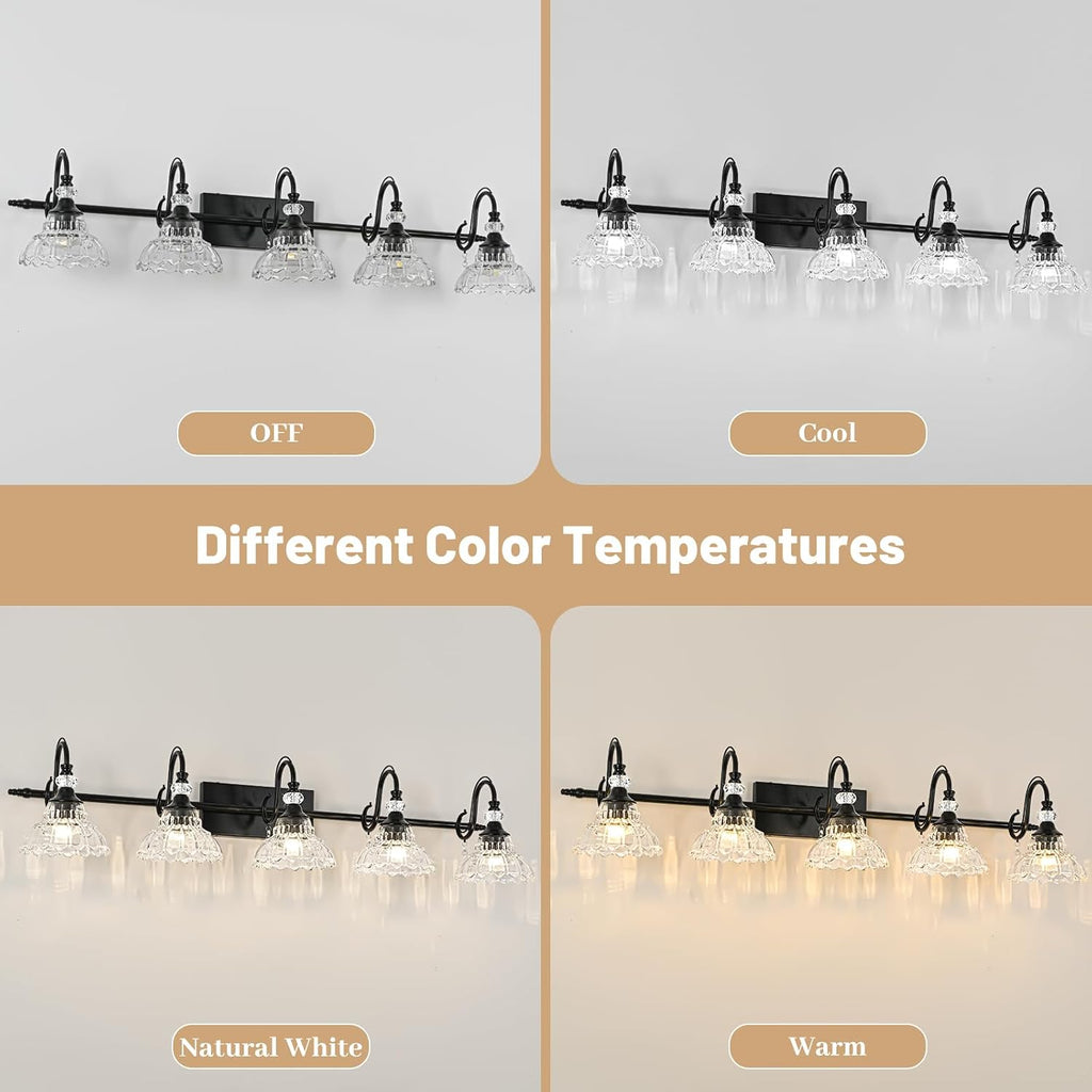 Black Bathroom Vanity Light, 5-Light Matte Black Finish Farmhouse Wall Sconce with Hanging Crystal Accent and Flower-Shaped Clear Glass Shade, Wall Mount Vanity Light Over Mirror for Bathroom