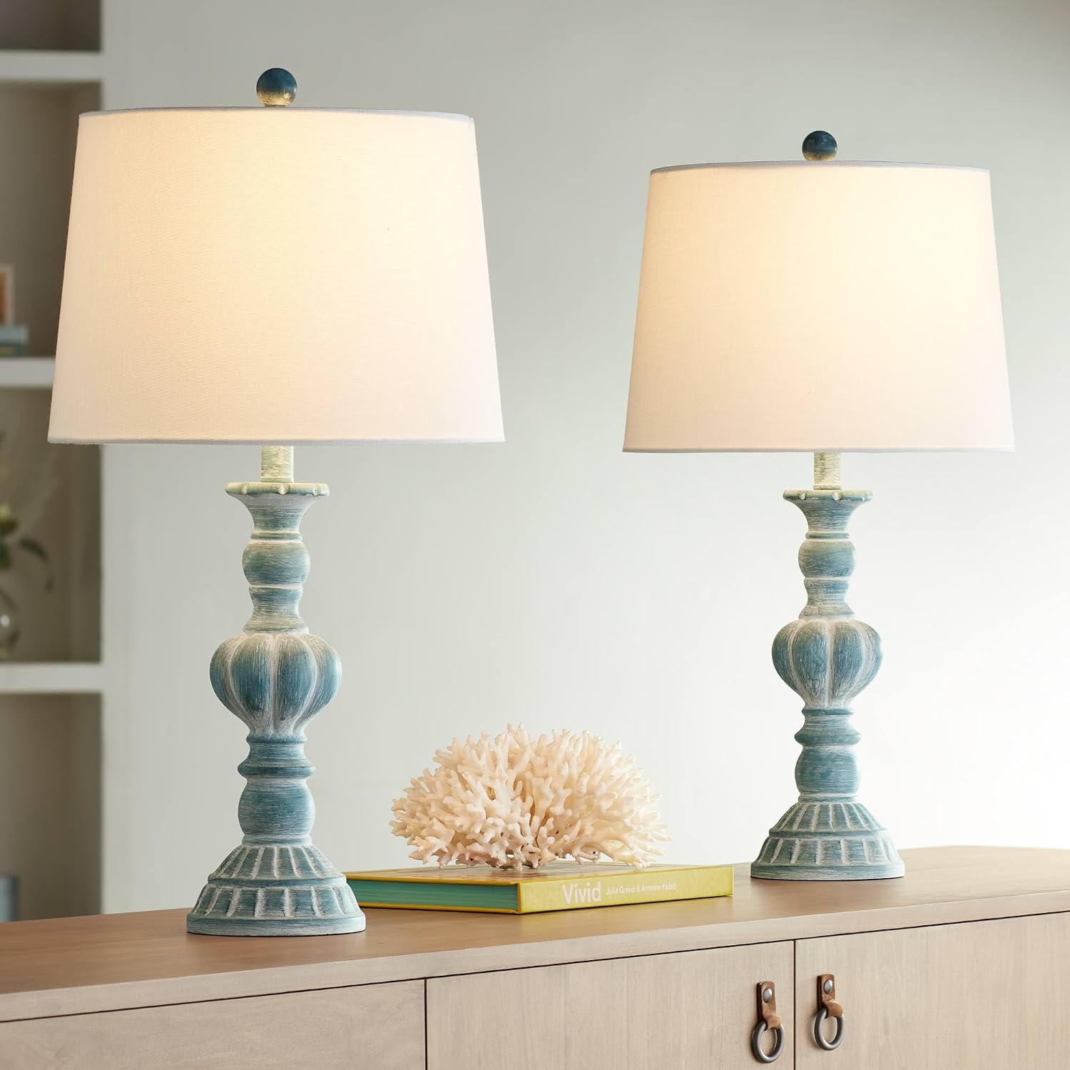 Regency Hill Tanya Coastal Vintage Style 3-Way Table Lamps 26.5' High Set of 2 with Table Top Dimmers Blue Wash White Fabric Drum Shades for Living Room Bedroom House Bedside Nightstand
