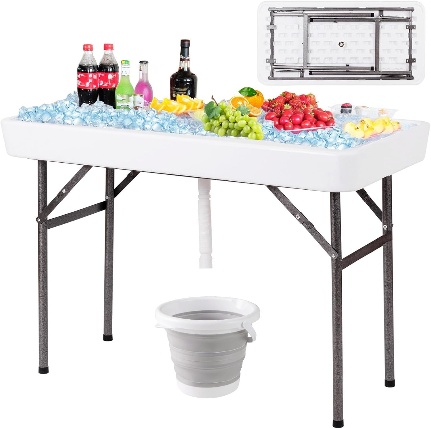 Giantex 4 FT Folding Ice Cooler Table with Drain & Bucket, Removable Skirt, No Assembly, Portable Fill and Chill Table for Food Drink Beverage, Foldable Party Ice Bin for Camping BBQ, White