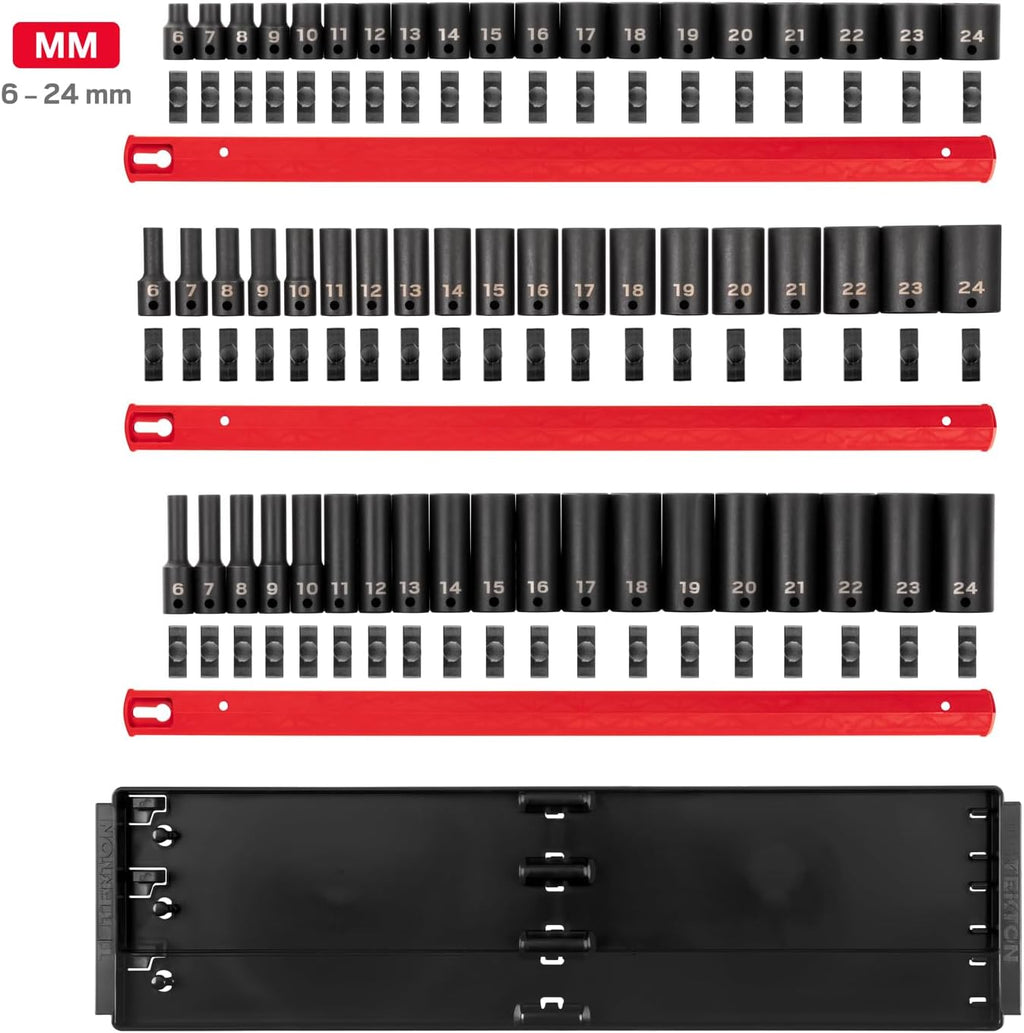 TEKTON 3/8 Inch Drive Shallow, Semi-Deep, and Deep 12-Point Impact Socket Set with Rails and Trays, 57-Piece (6-24 mm) | SID91123