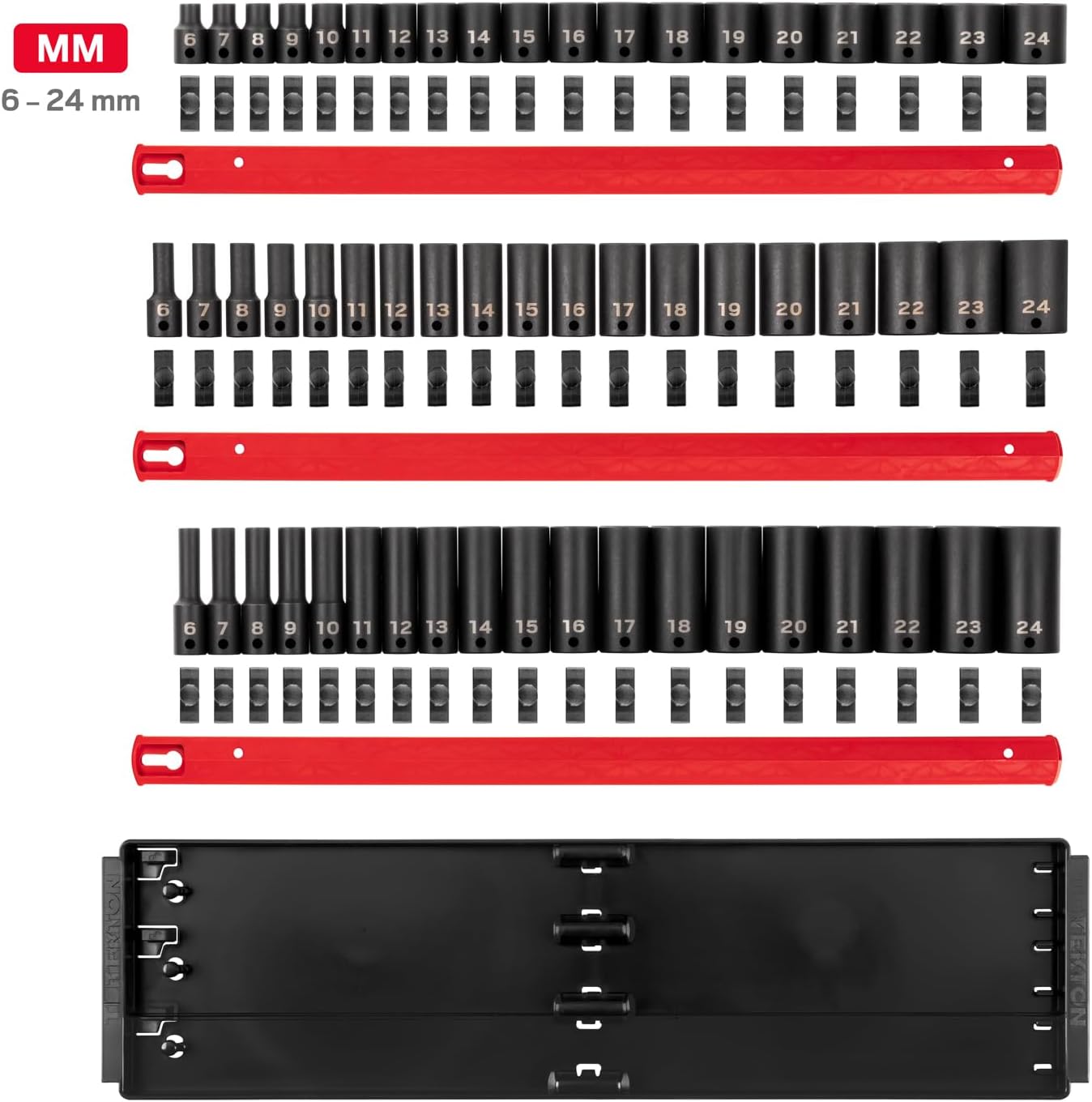 TEKTON 3/8 Inch Drive Shallow, Semi-Deep, and Deep 12-Point Impact Socket Set with Rails and Trays, 57-Piece (6-24 mm) | SID91123