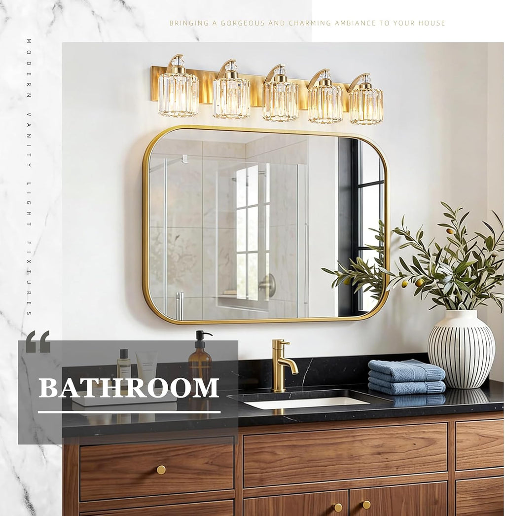 5-Lights Brushed Brass Bathroom Light Fixture Gold Vanity Lights Modern Crystal Bathroom Vanity Lighting Over Mirror Wall Sconce with K9 Crystal Shade E26 Base for Living Room, Bedroom Wall Lamp