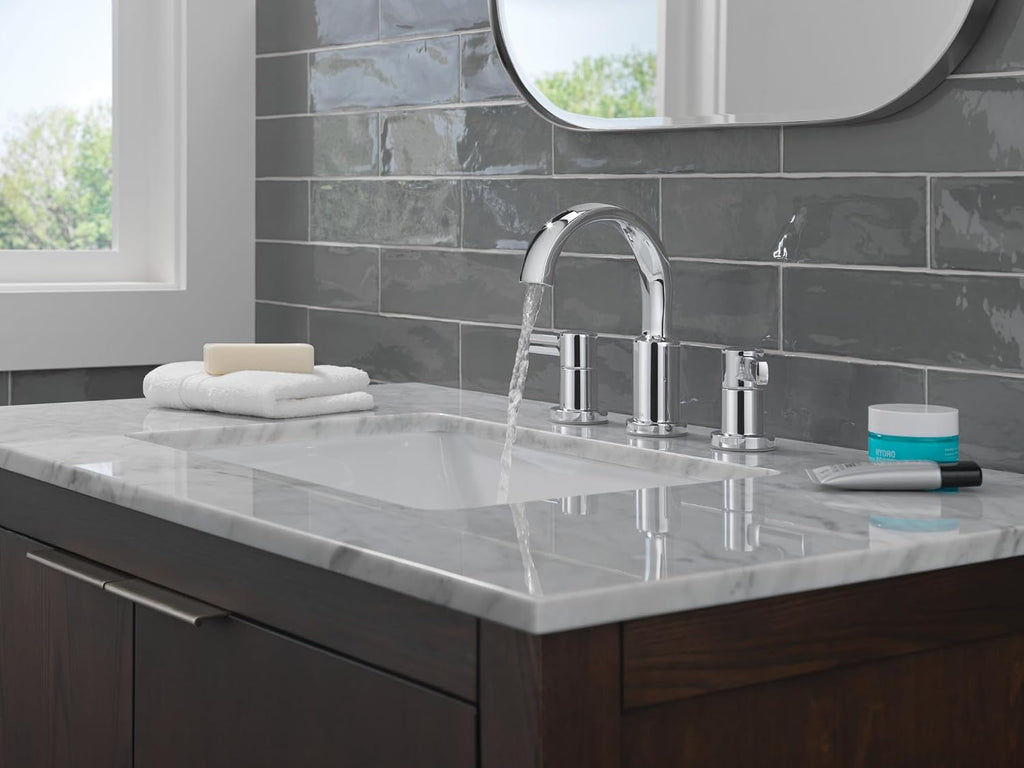 Delta Faucet Albion Widespread Bathroom Faucet 3-Hole, Chrome Bathroom Sink Faucet, 2-Handle Bathroom Faucet, Bath Faucet, Metal Push-Pop Drain Assembly, 1.2 GPM Flow Rate, Chrome 35855LF