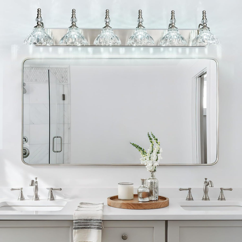 Vintage Bathroom Vanity Light, 6-Light Brushed Nickel Vanity Lighting Fixture with Flower Glass Shade, Bathroom Lighting Fixtures Over Mirror
