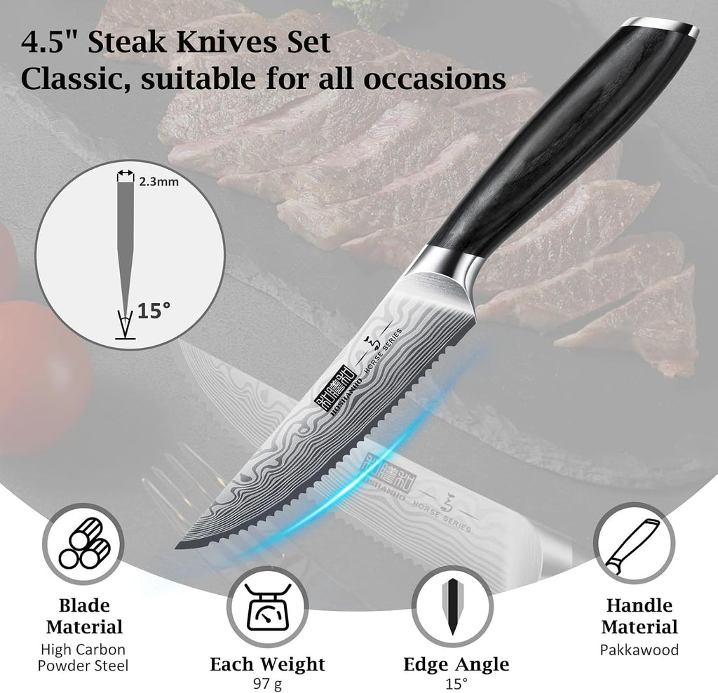 HOSHANHO Steak Knives Set of 6, 4.5 Inch Japanese Serrated Steak Knife Set, Ultra Sharp High Carbon Powder Steel Steak Knife with Pakkawood Handle