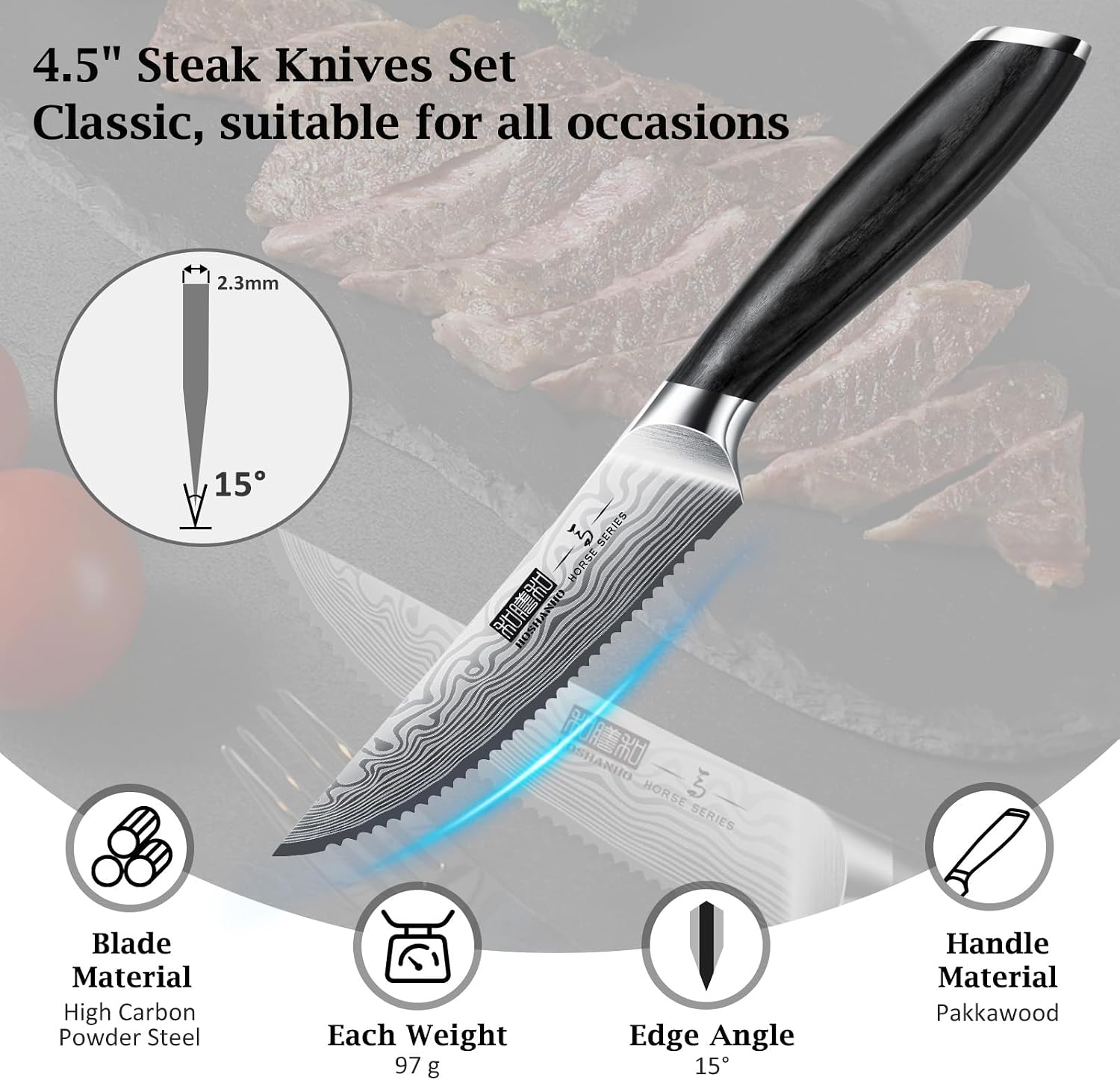 HOSHANHO Steak Knives Set of 6, 4.5 Inch Japanese Serrated Steak Knife Set, Ultra Sharp High Carbon Powder Steel Steak Knife with Pakkawood Handle