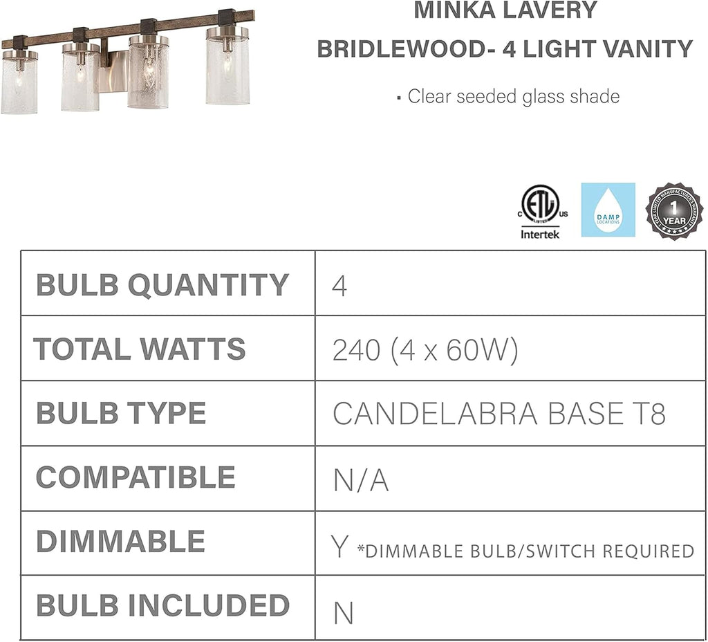 Minka Lavery 4634-106 Bridlewood Vanity Bath Light, 4-Light, 240 Total Watts, 31-in H x 8.75-in W, Stone Grey w/Brushed Nickel