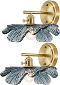 Vintage Wall Sconces Set of 2 Blue Flower Glass Shade Gold Brass Base Bathroom Vanity Lights Over Mirror Mid Century Modern Wall Lighting Fixtures for Bedroom Hallway Living Room