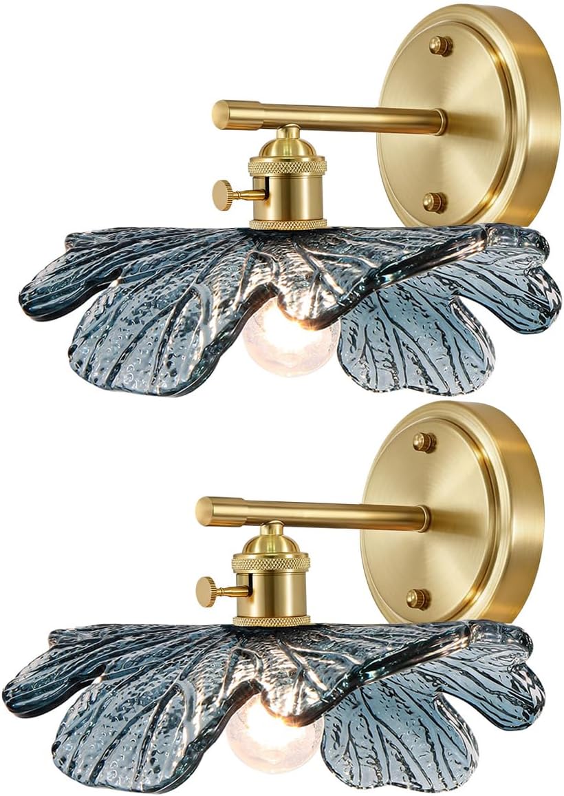 Vintage Wall Sconces Set of 2 Blue Flower Glass Shade Gold Brass Base Bathroom Vanity Lights Over Mirror Mid Century Modern Wall Lighting Fixtures for Bedroom Hallway Living Room
