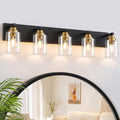 Black and Gold Bathroom Light Fixture, 5 Light Brushed Gold Vanity Light, 35.4' Modern Farmhouse Bathroom Lighting Fixtures Over Mirror, with Clear Glass Shade, Vanity Lights for Bedroom Hallway