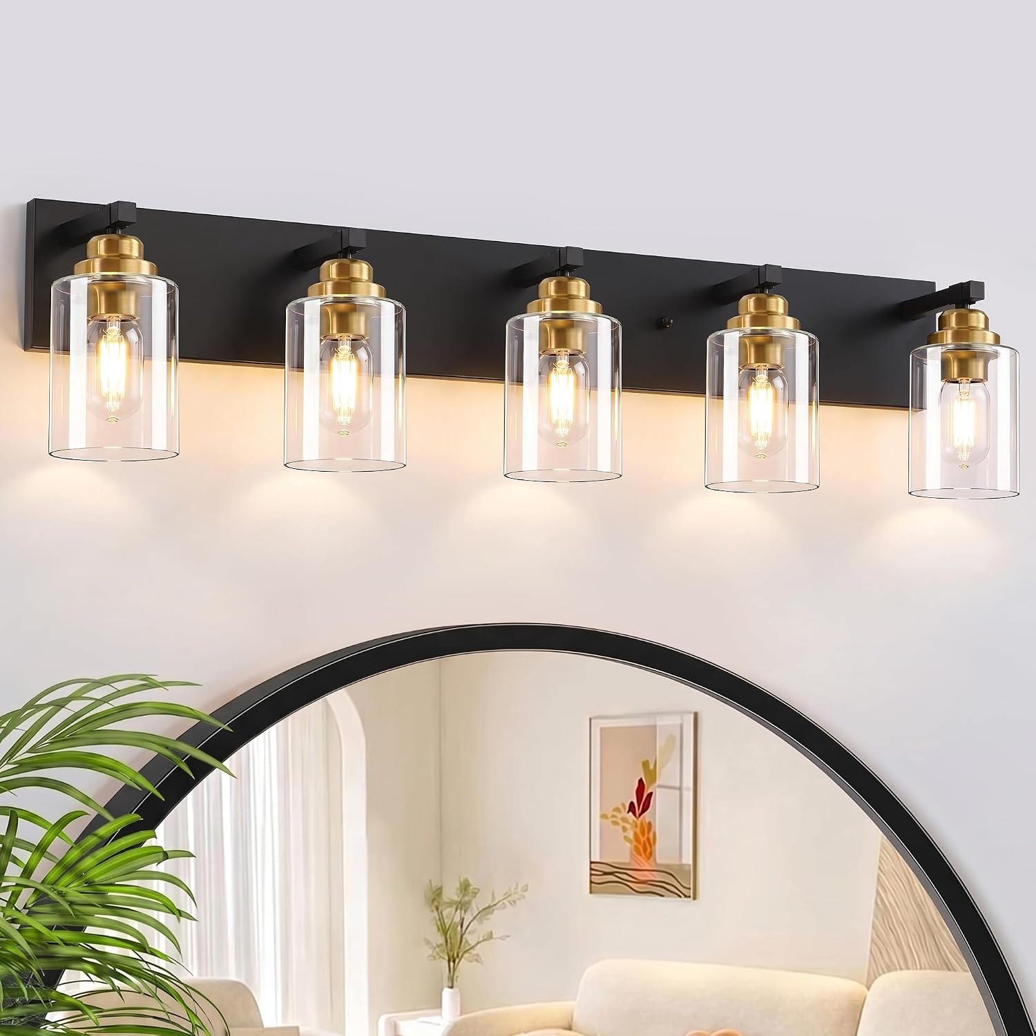 Black and Gold Bathroom Light Fixture, 5 Light Brushed Gold Vanity Light, 35.4' Modern Farmhouse Bathroom Lighting Fixtures Over Mirror, with Clear Glass Shade, Vanity Lights for Bedroom Hallway