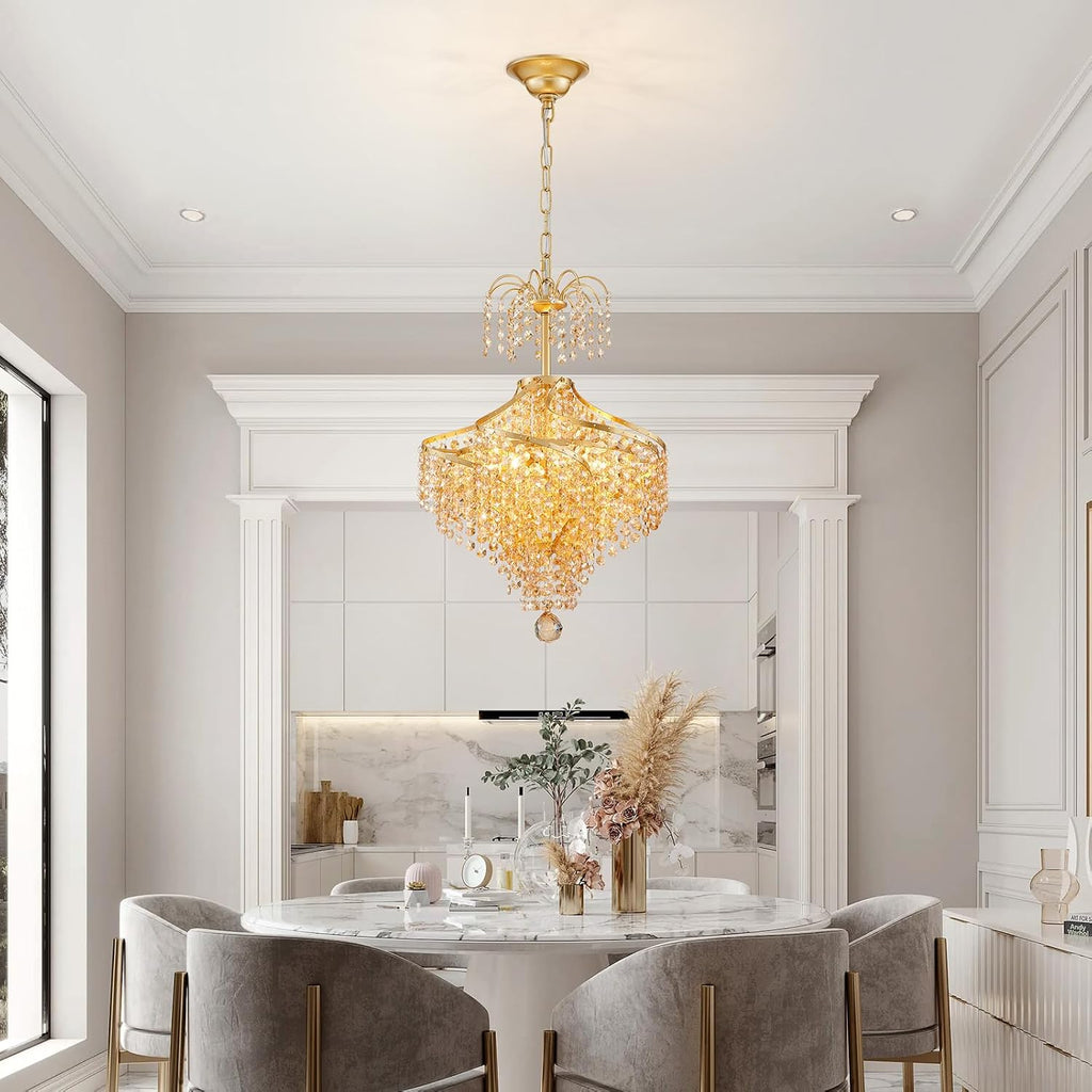WUZUPS Golden-Hued Crystal Chandelier Pendant Flushmount Ceiling Light Modern Lighting Fixture for Bedroom Hallway Bar Kitchen Bathroom, H 20.1' x W 14.7', Gold, G9 Base