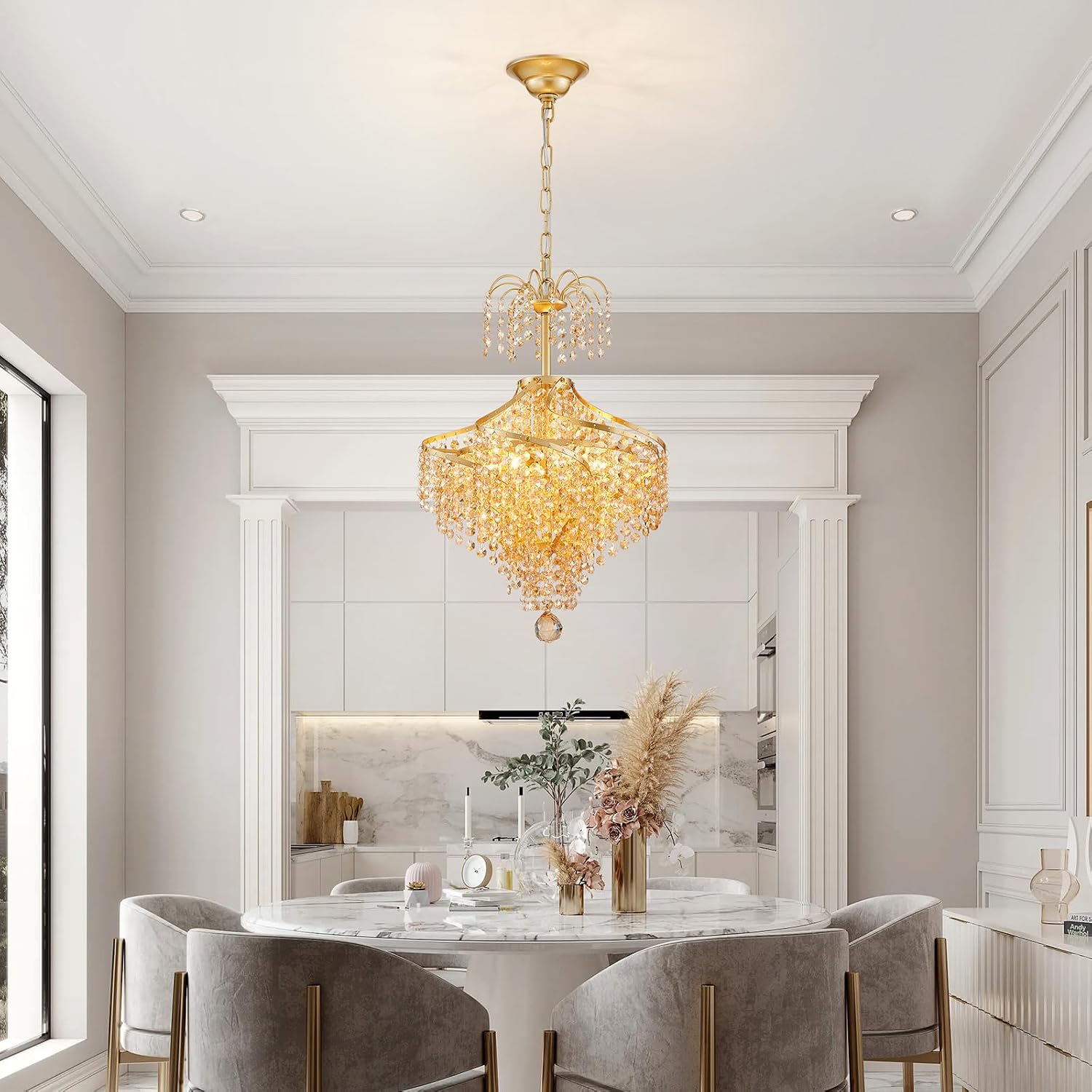 WUZUPS Golden-Hued Crystal Chandelier Pendant Flushmount Ceiling Light Modern Lighting Fixture for Bedroom Hallway Bar Kitchen Bathroom, H 20.1' x W 14.7', Gold, G9 Base
