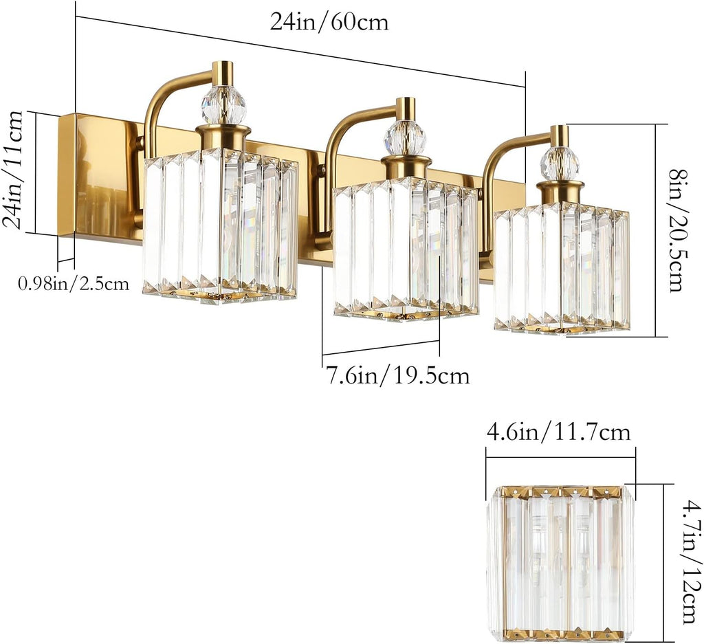 Ralbay Crystal Bathroom Vanity Lights 3-Lights 24'' Modern Crystal Gold Bathroom Lighting Fixtures Over Mirror