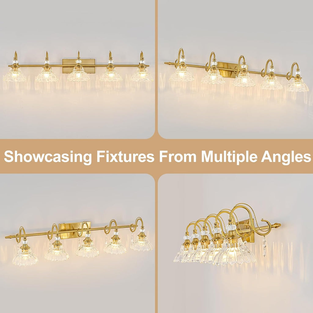 Vintage Bathroom Vanity Light, 5-Light Brushed Gold Finish Wall Sconce with Hanging Crystal Accents and Flower-Shaped Clear Glass Shades, Retro Wall Mount Vanity Light Over Mirror for Bathroom