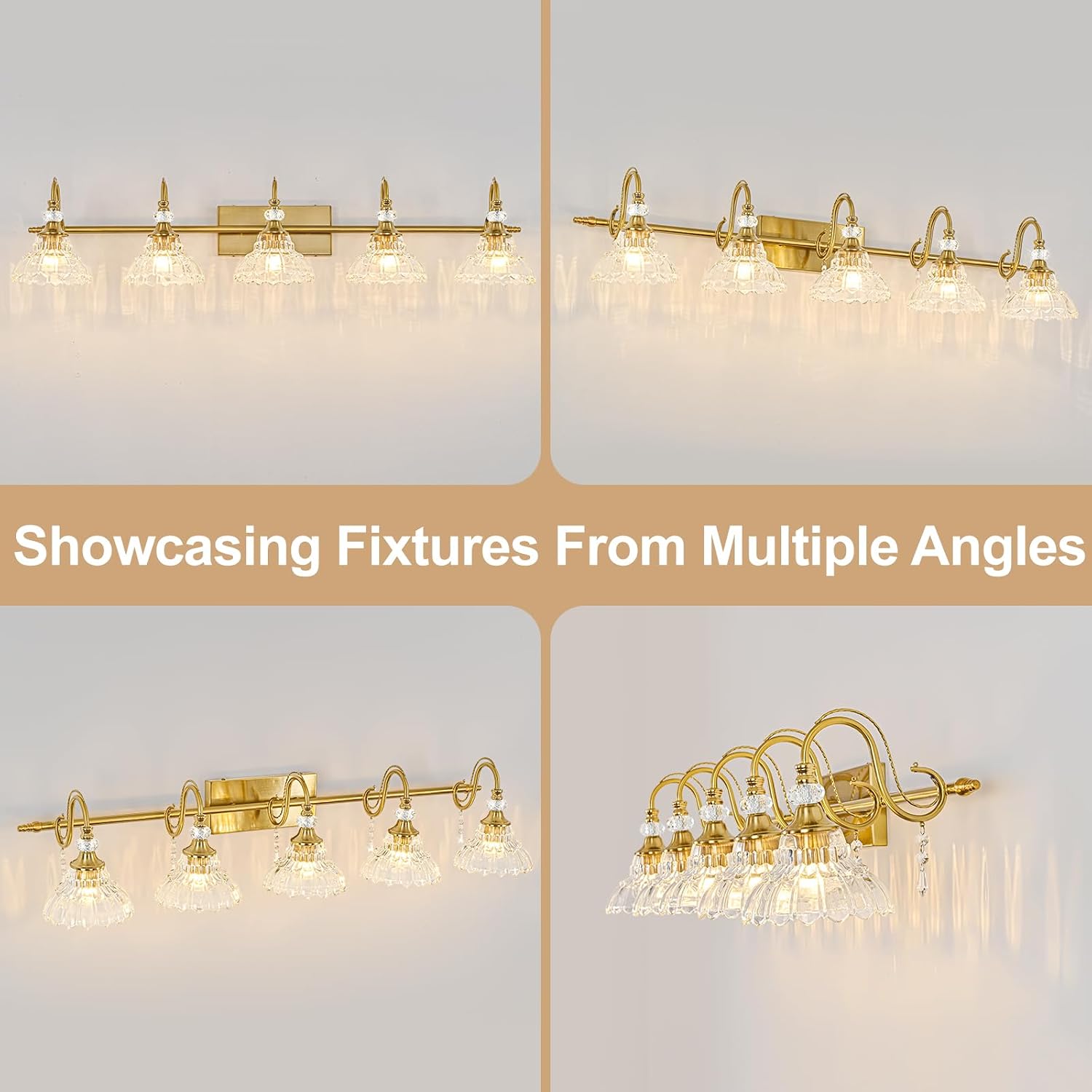 Vintage Bathroom Vanity Light, 5-Light Brushed Gold Finish Wall Sconce with Hanging Crystal Accents and Flower-Shaped Clear Glass Shades, Retro Wall Mount Vanity Light Over Mirror for Bathroom
