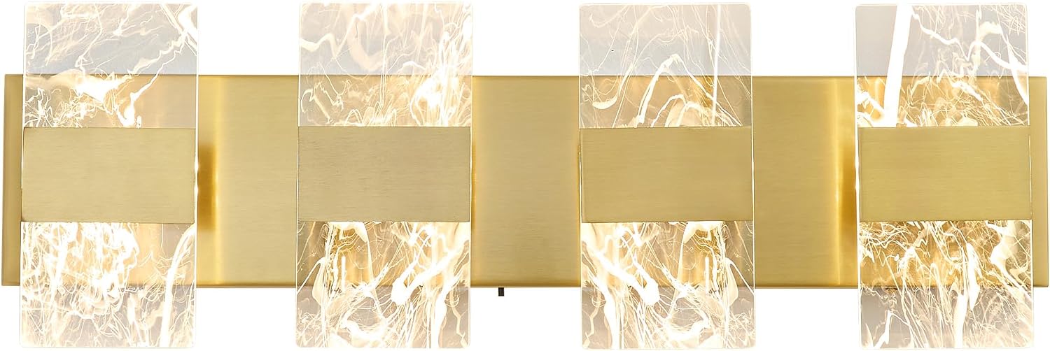 Modern LED Bathroom Light Fixtures Dimmable 4-Light Gold Vanity Light, 5CCT Adjustable Lighting Fixture Vanity Lights Over Mirror, Smoked Acrylic LED Vanity Lights for Bathroom